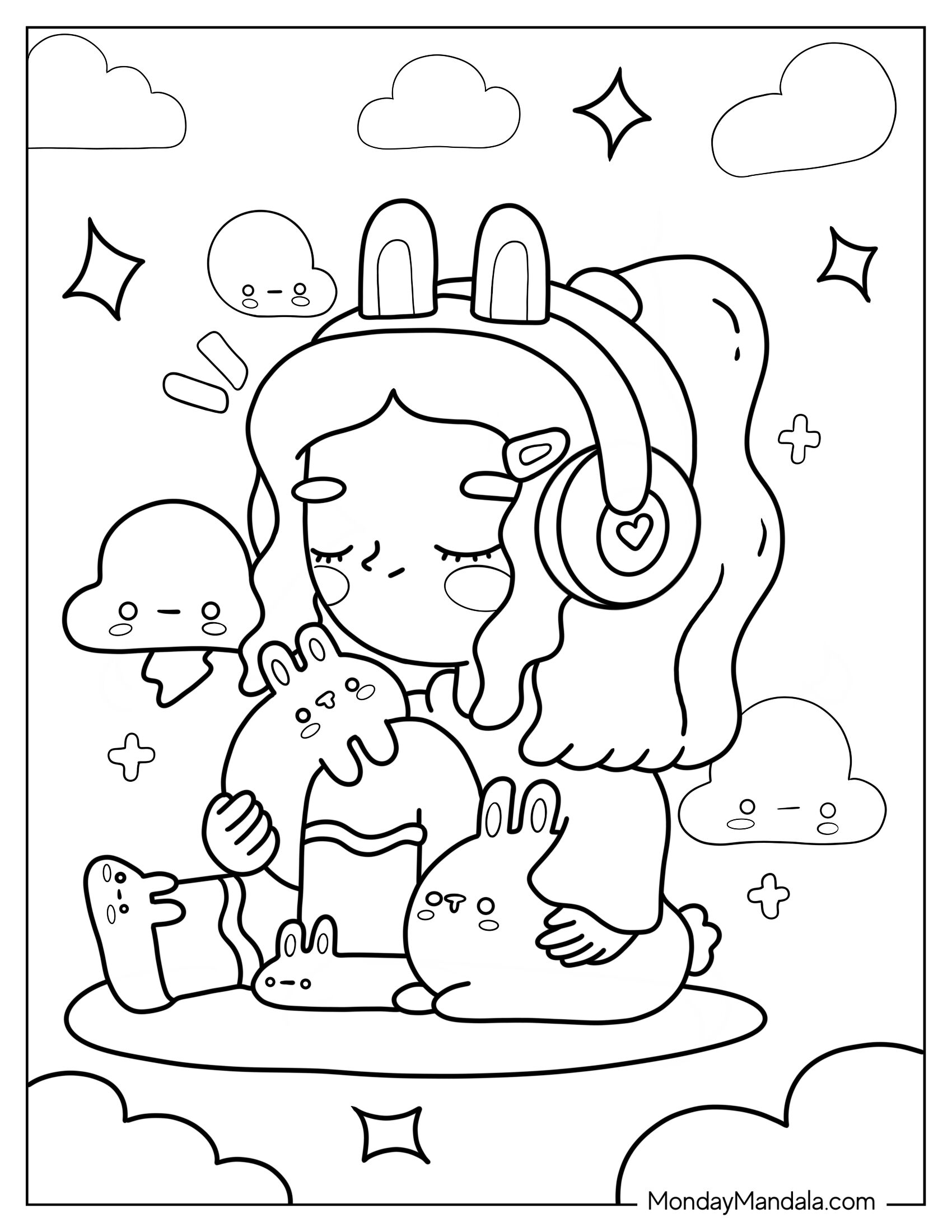 Cute Coloring Page Of Cartoon Girl With Headphones Holding Bunnies