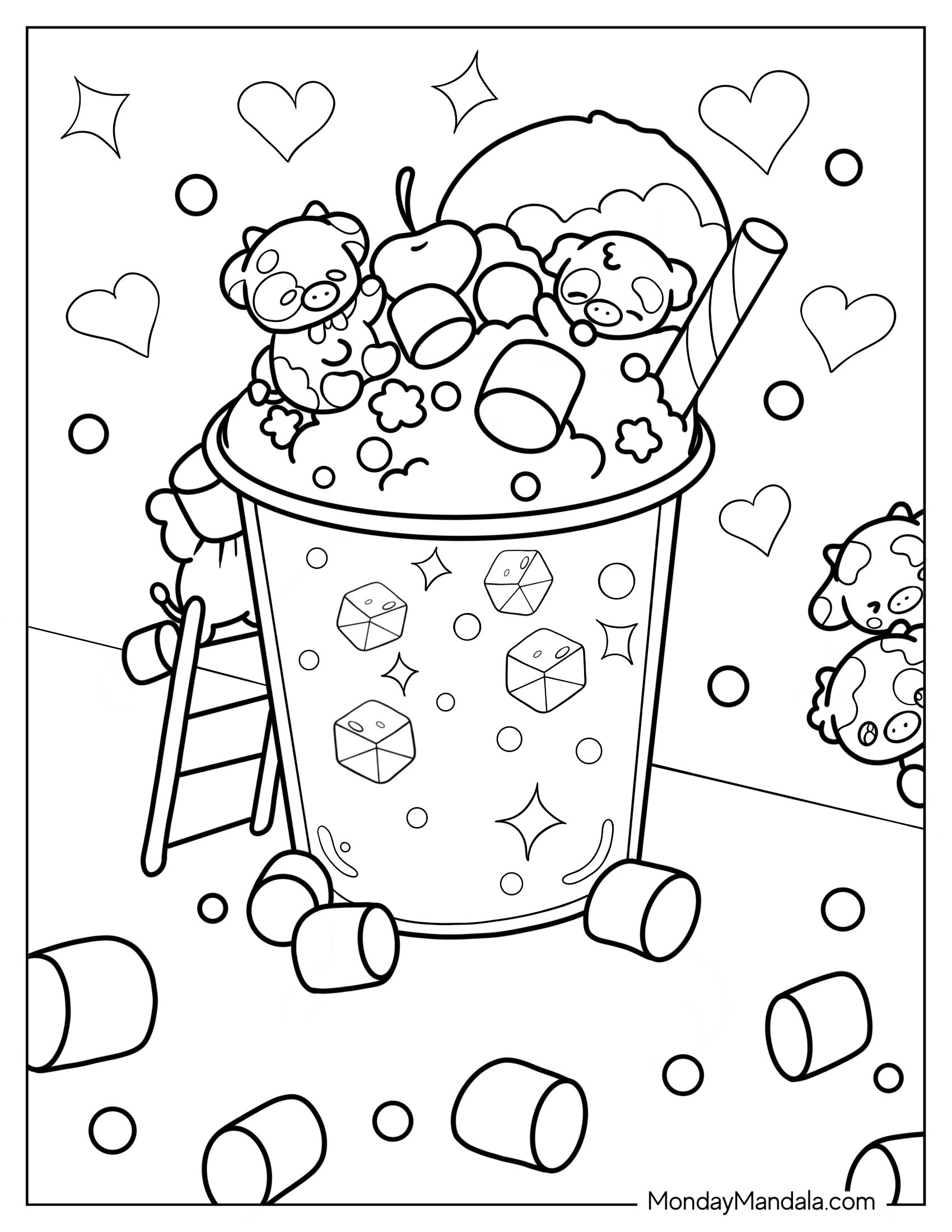 Cute Coloring Page Of Chibi Cows Playing On Boba Tea