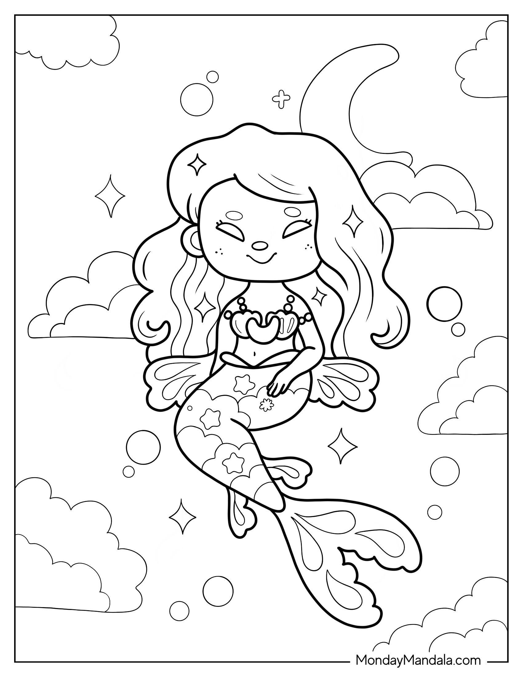 Cute Coloring Page Of Cute Mermaid In The Sky