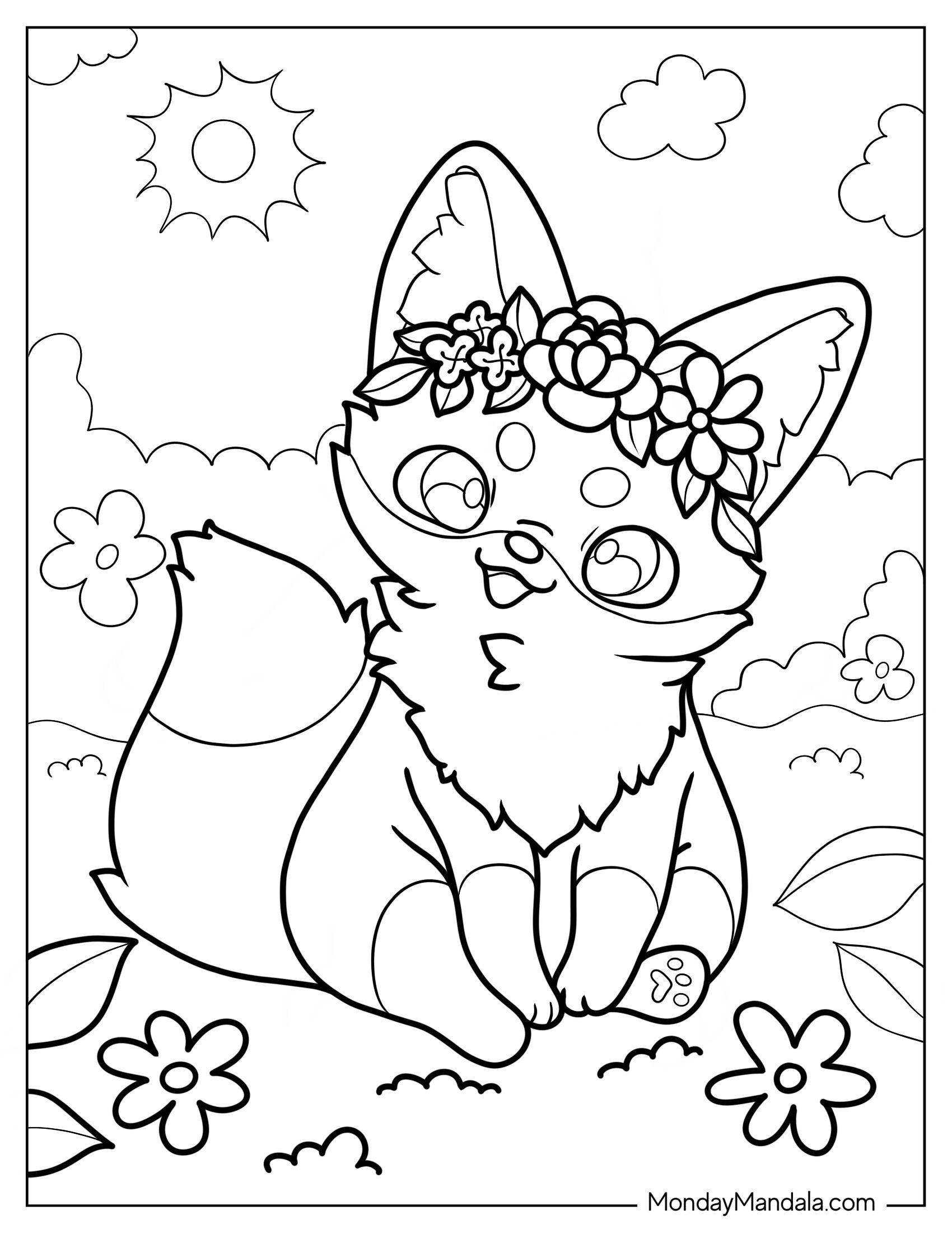 Cute Coloring Page Of Fox Wearing Flower Crown