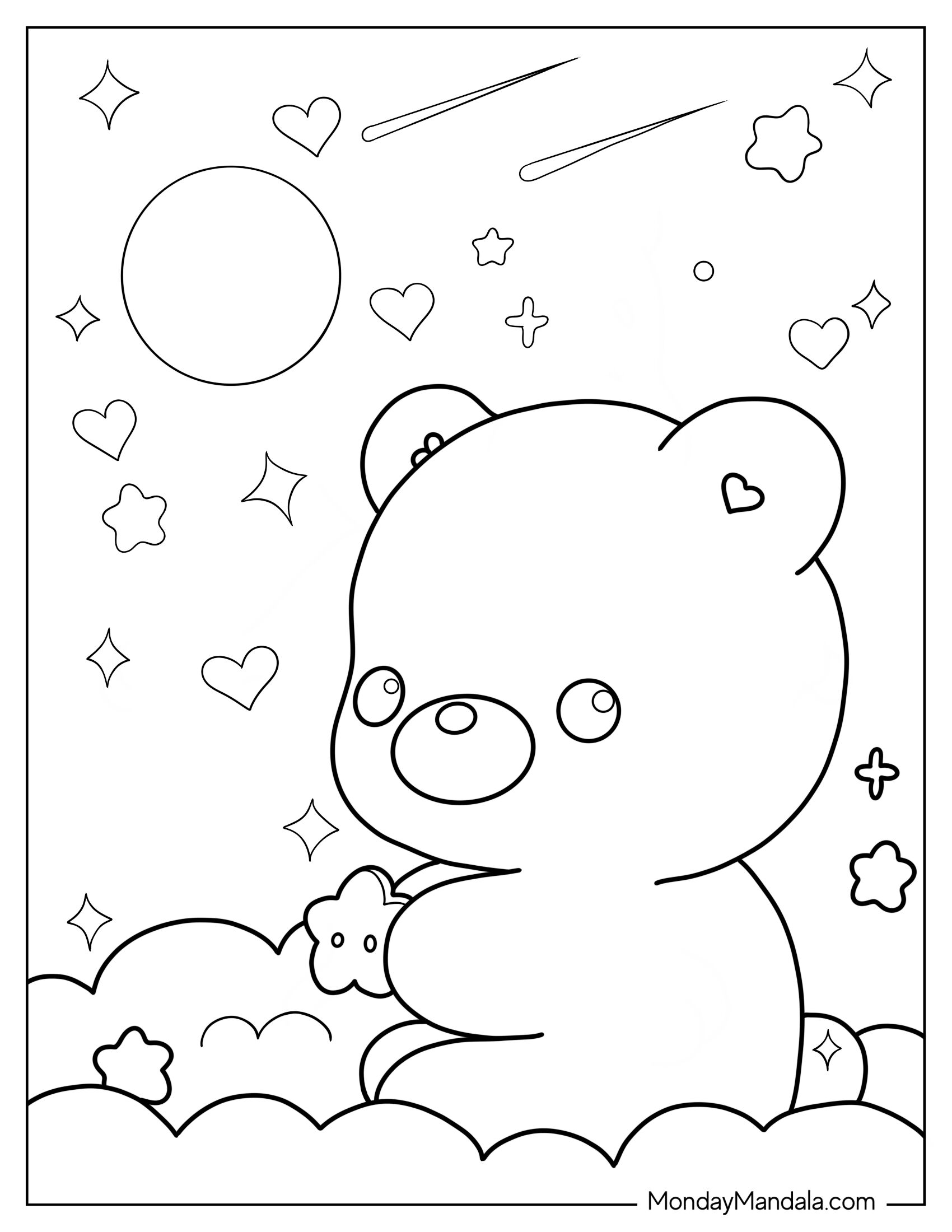 Cute Coloring Page Of Kawaii Bear In The Clouds