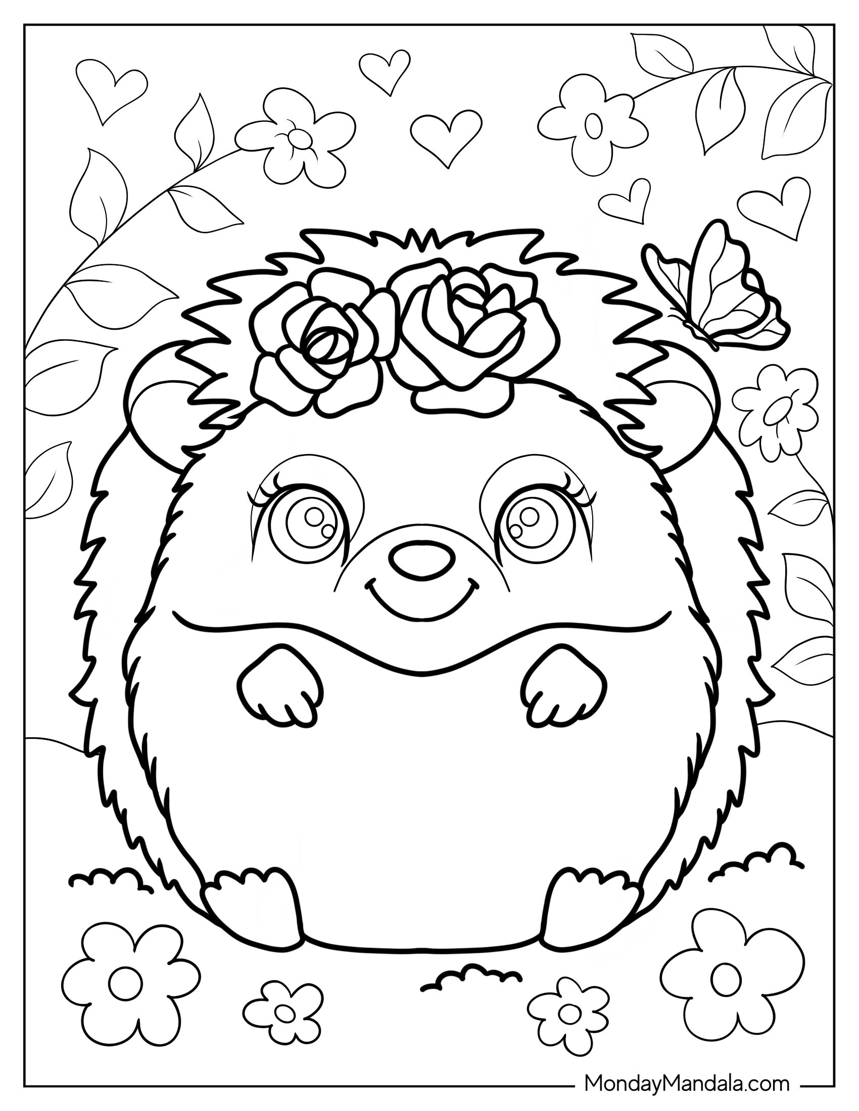 Cute Coloring Page Of Kawaii Porcupine With Flowers