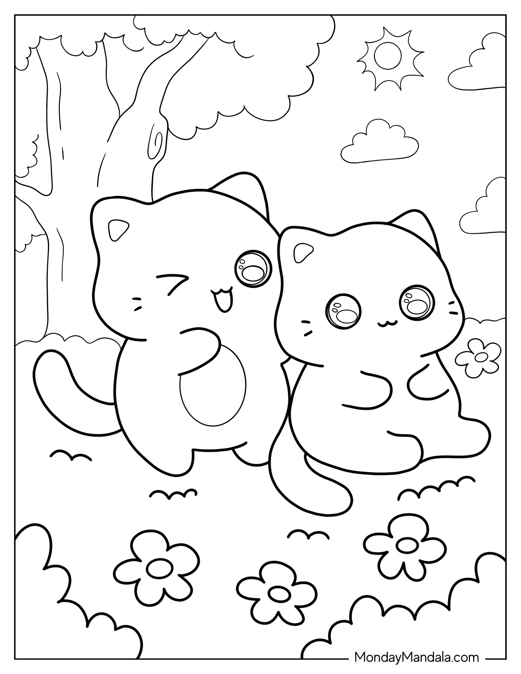 Cute Coloring Page Of Kittens Sitting On Grass