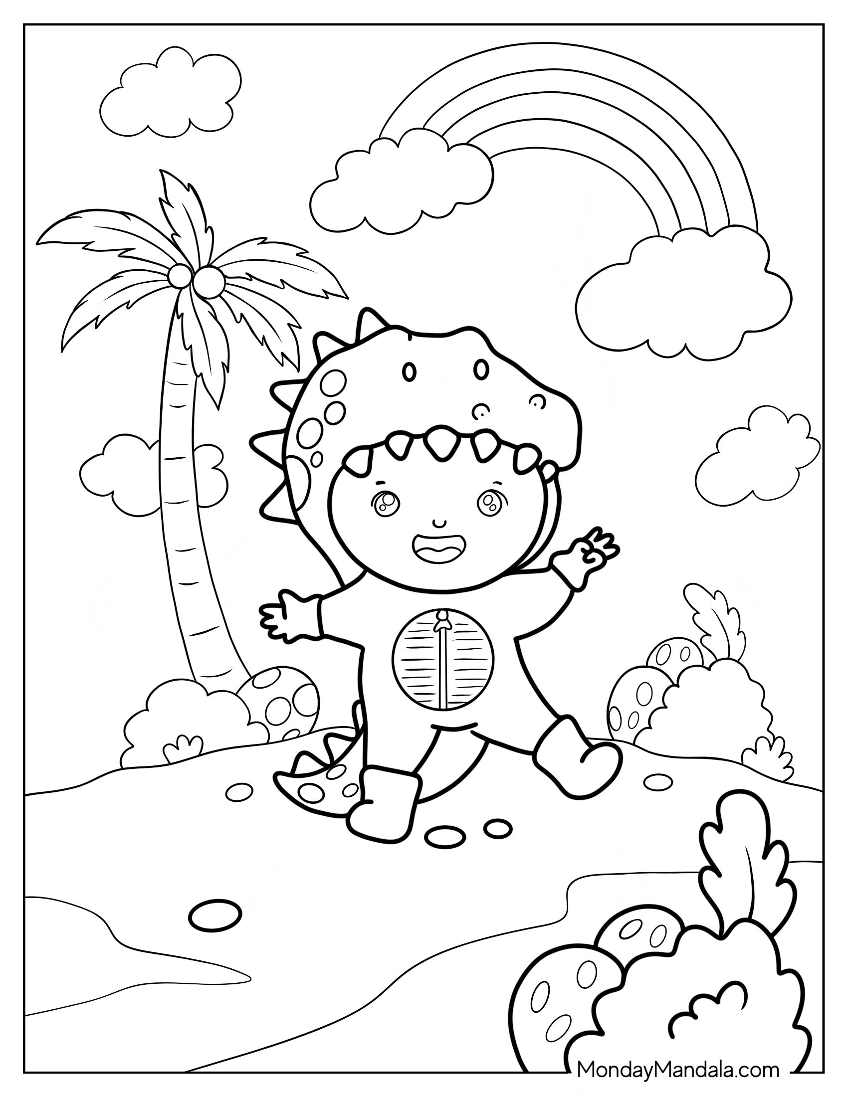 Cute Coloring Page Of Little Boy In Dinosaur