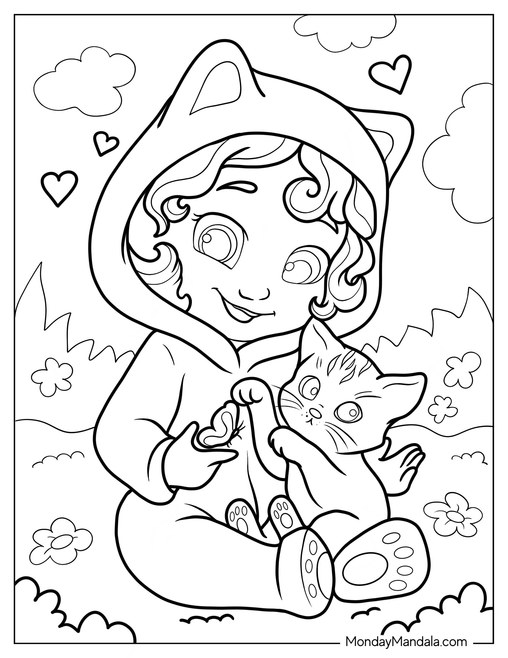 Cute Coloring Page Of Little Girl In Onesie Playing With Kitten