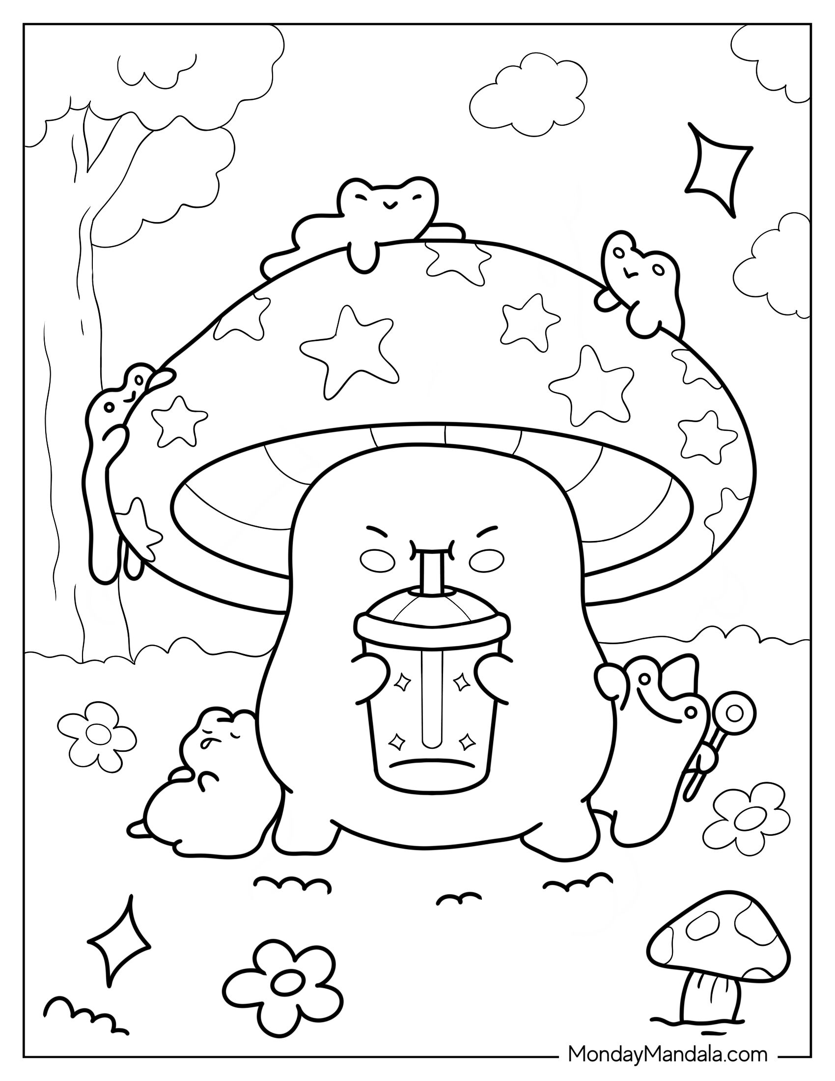 Cute Coloring Page Of Mushroom Drinking Juice While Frogs Play