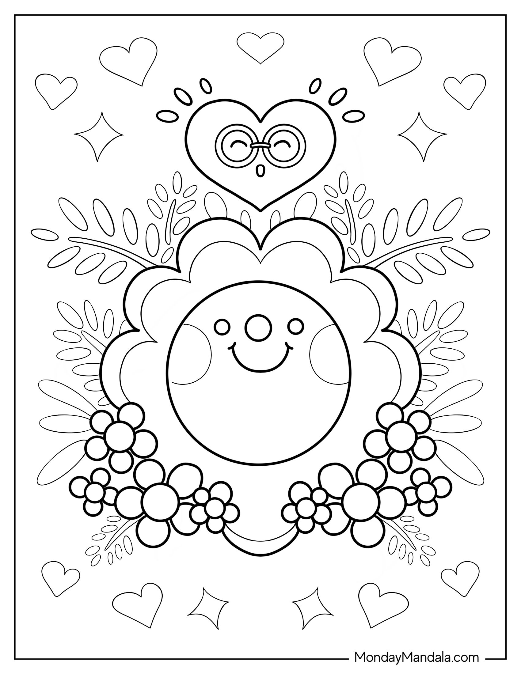 Cute Coloring Page Of Smiling Sunflower With Heart On Top