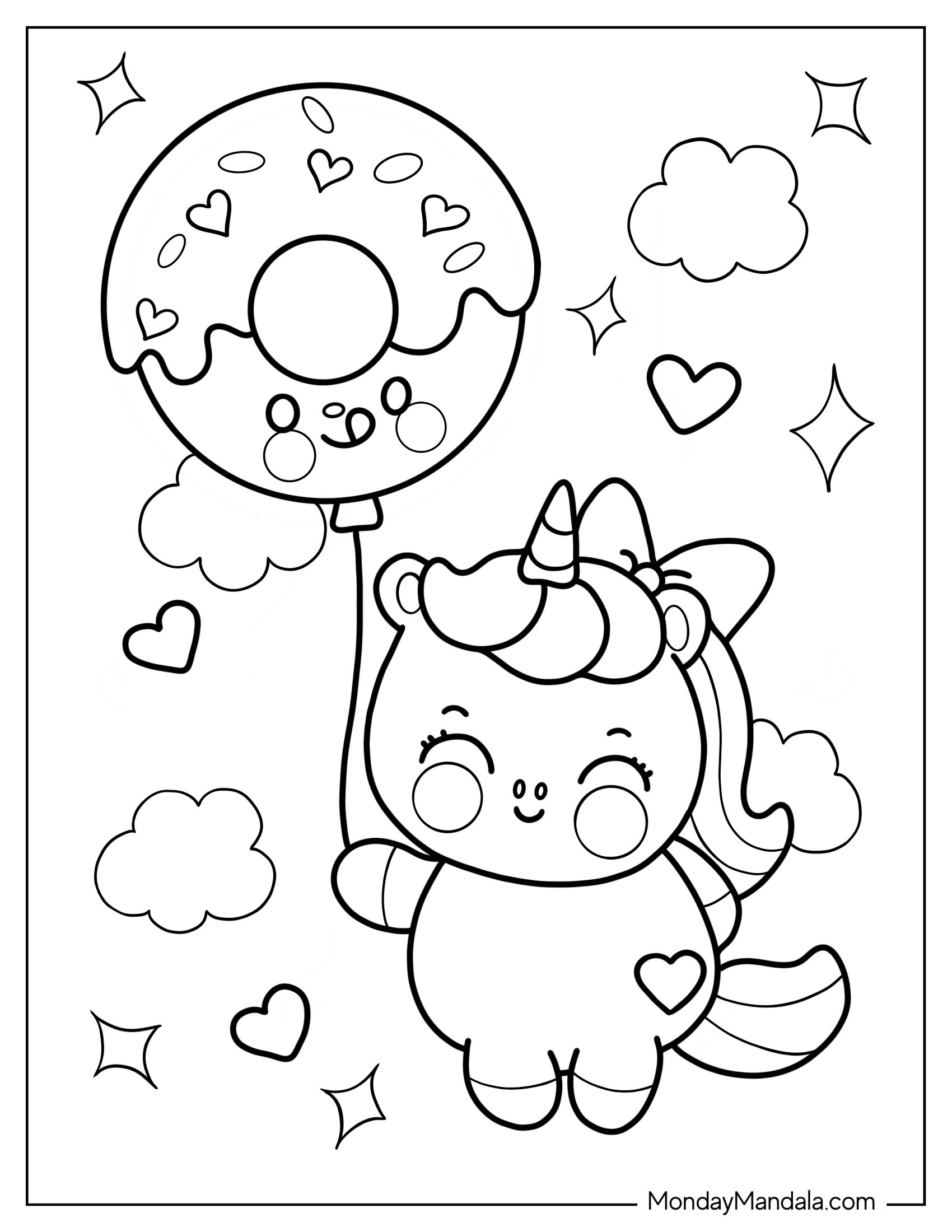 Cute Coloring Page Of Unicorn Girl Holding Donut Balloon