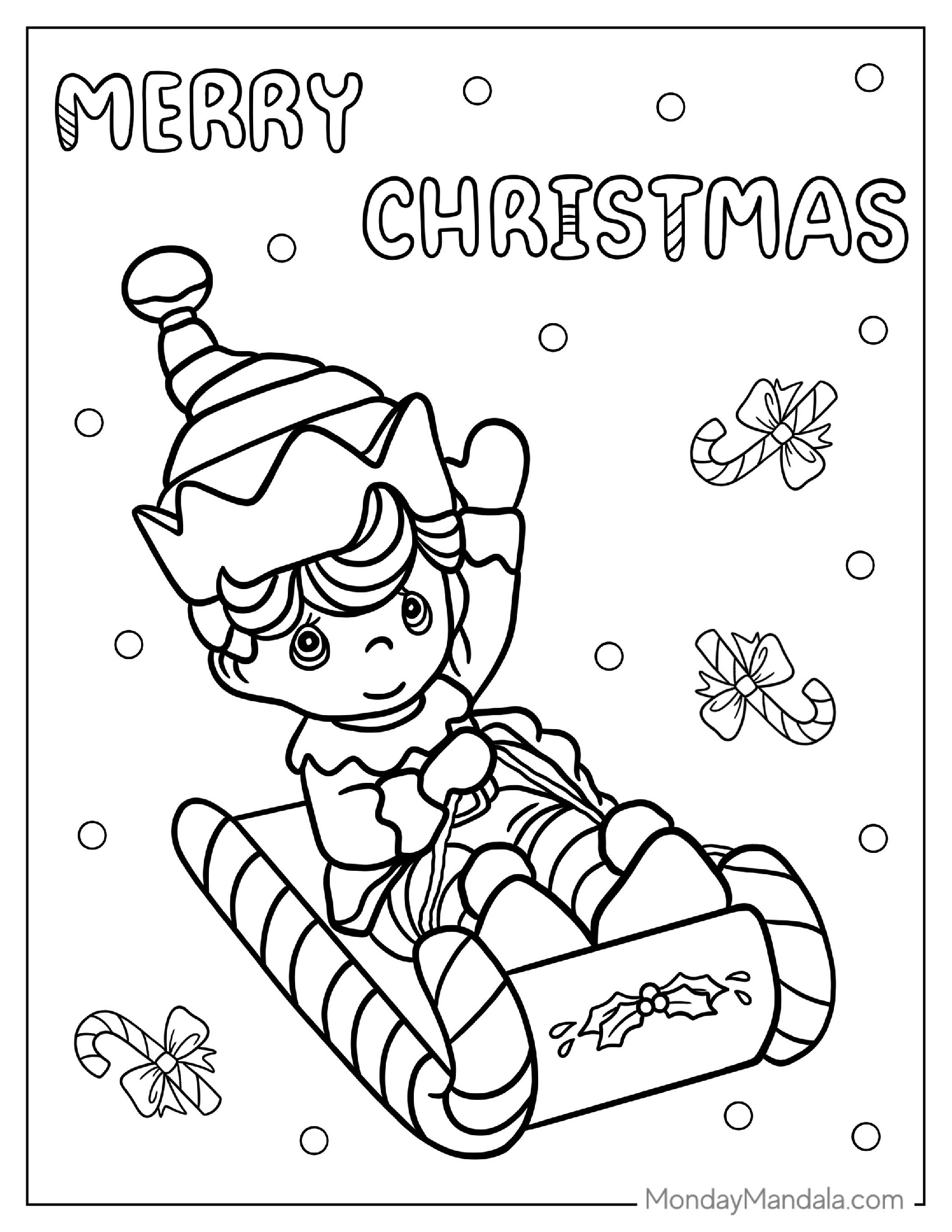 Cute Elf Riding Candy Cane Sleigh