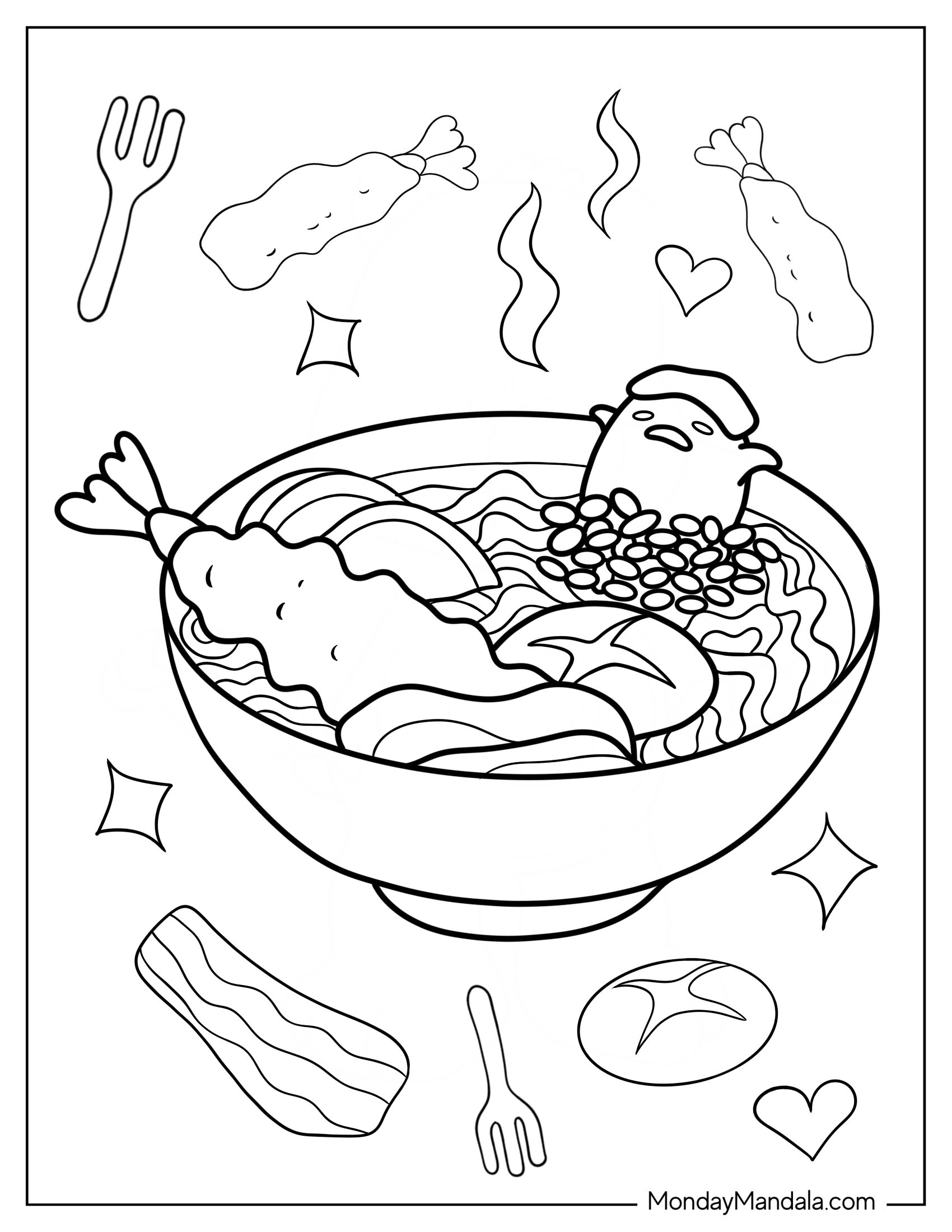 Cute Gudetama Coloring Page Bathing In Seafood Ramen