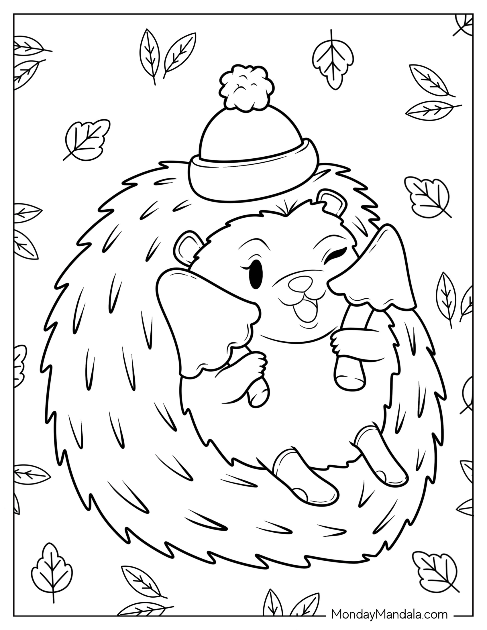 Cute Hedgehog Coloring Page In Hat Enjoying Mushrooms