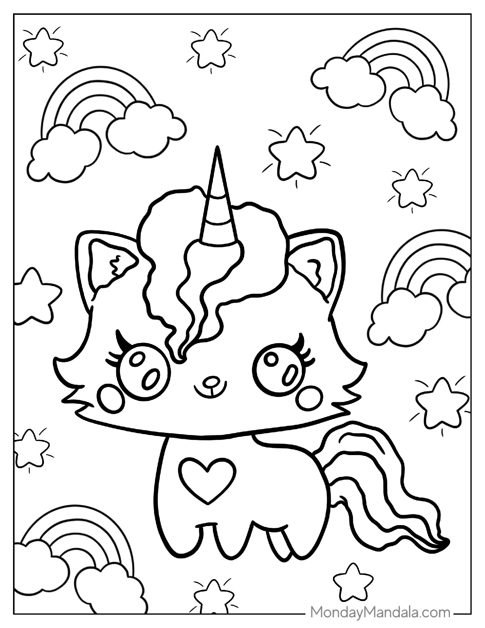 Cute Kawaii Cat With Rainbows To Color