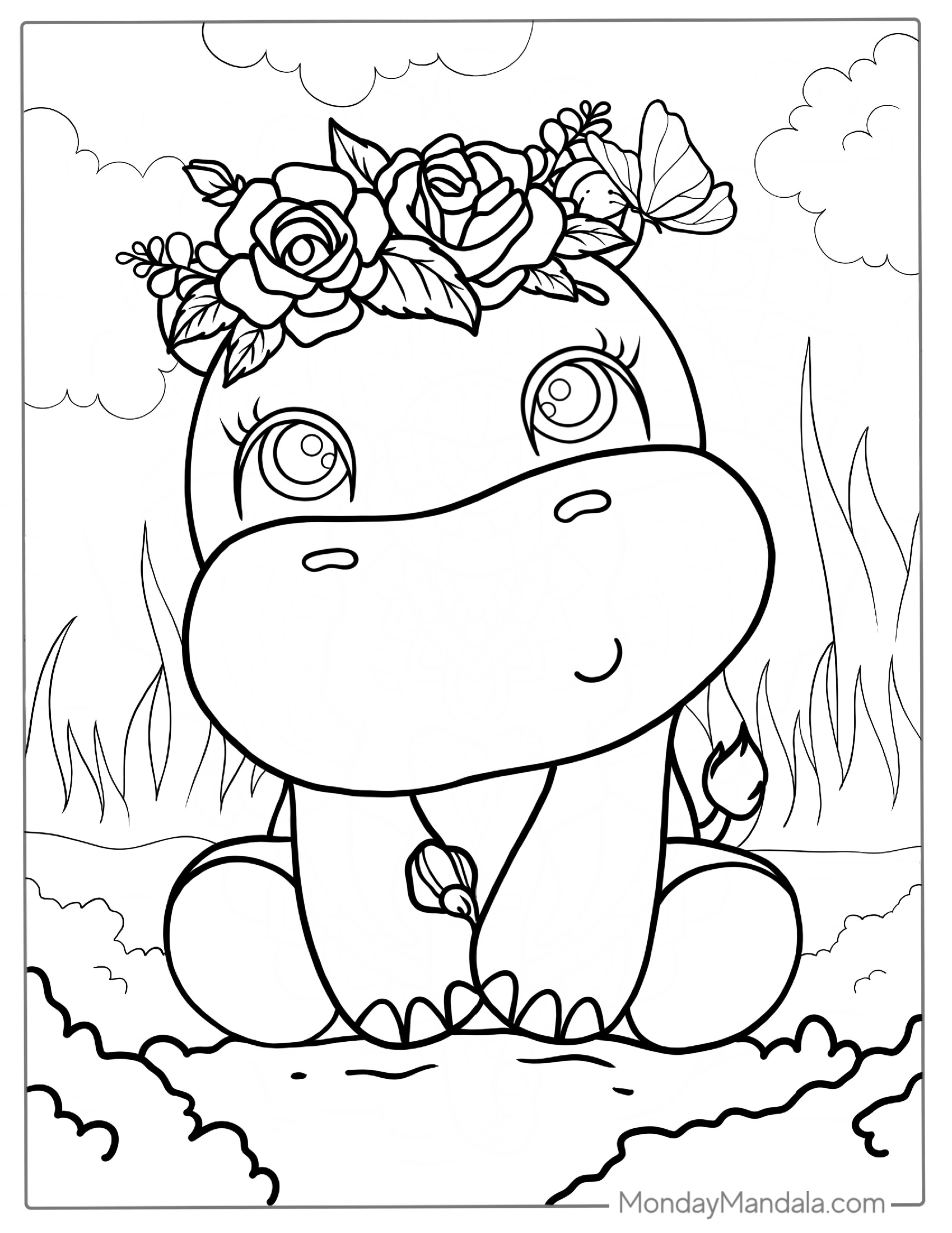 Cute Kawaii Hippo To Color For Kids