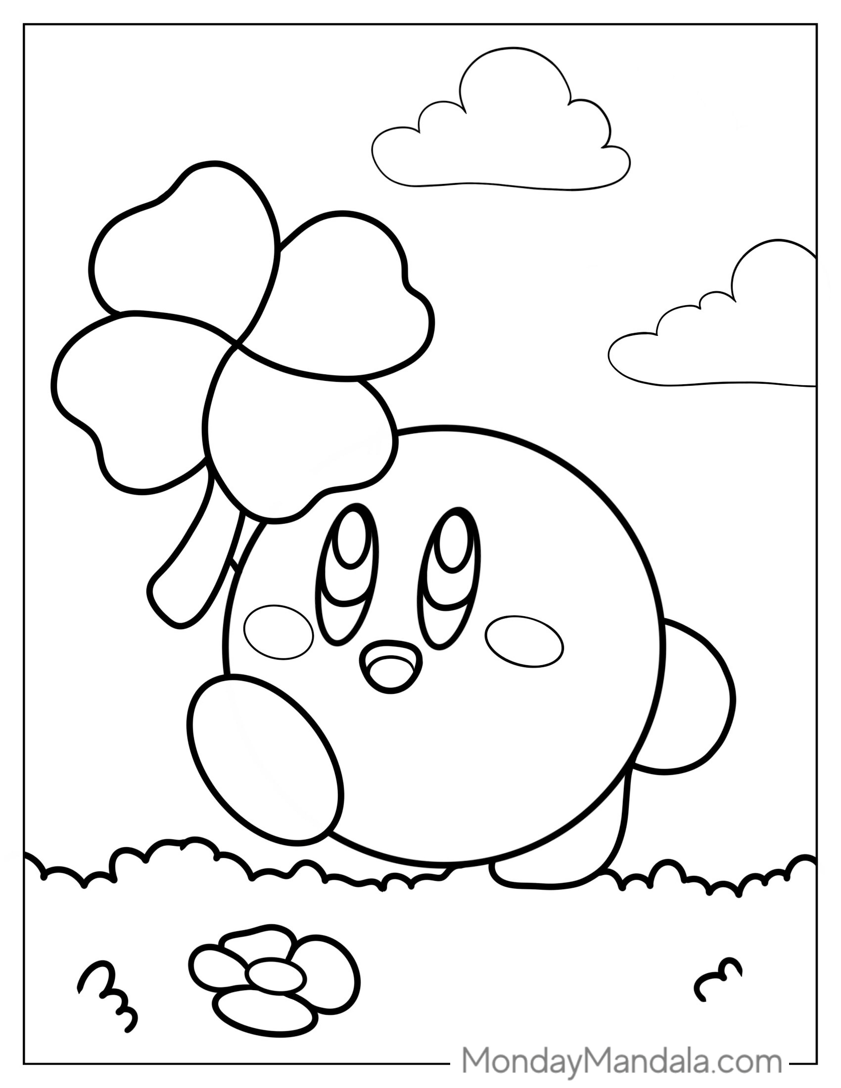 Cute Kirby Holding a Flower To Color