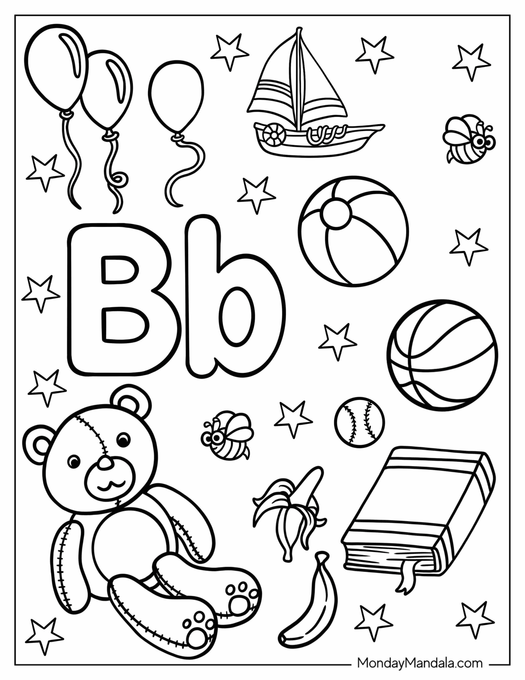 Cute Letter B Coloring Page With Boat, Bee, Balloon, Ball, Bear