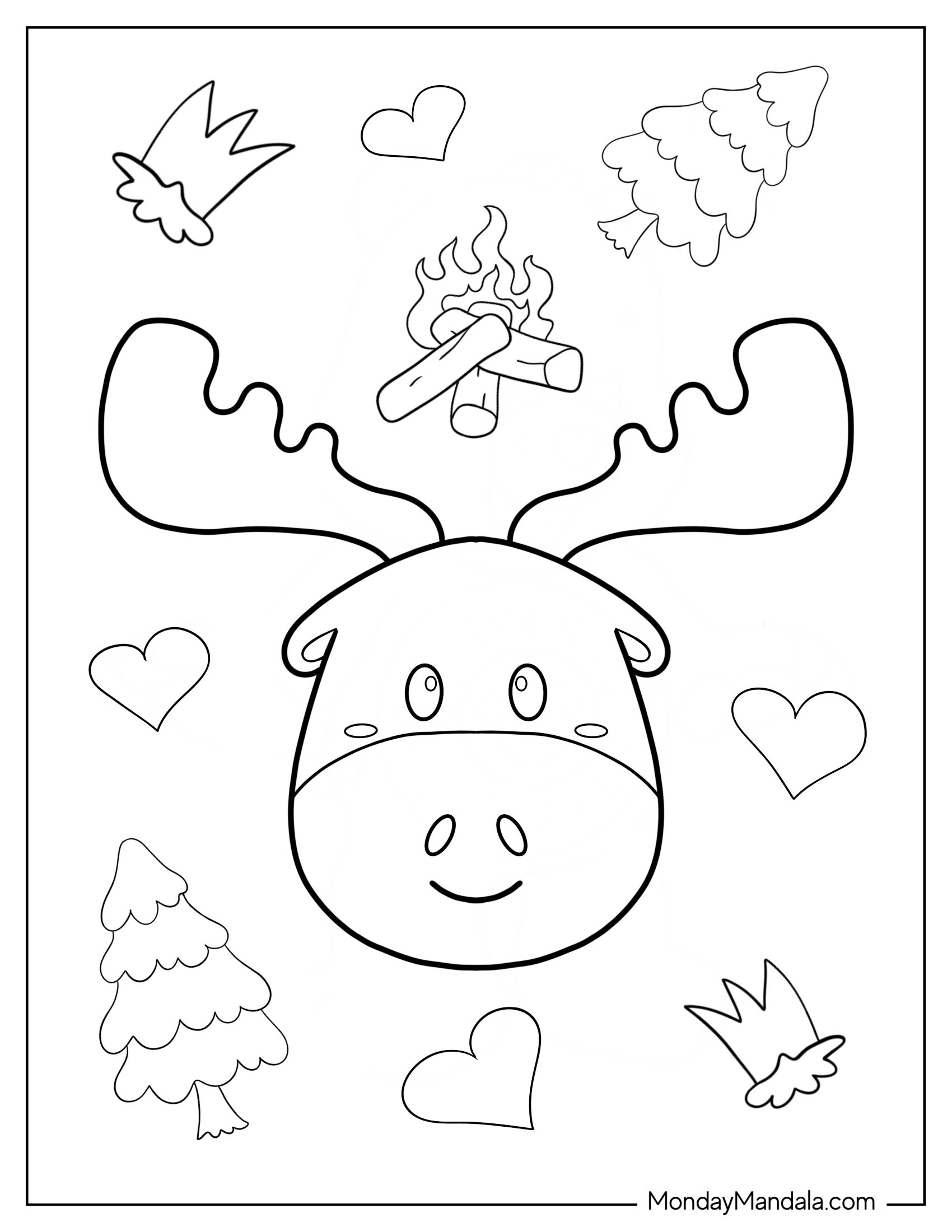 Cute Moose Coloring Page Face With Hearts, Trees, And Bonfire Background