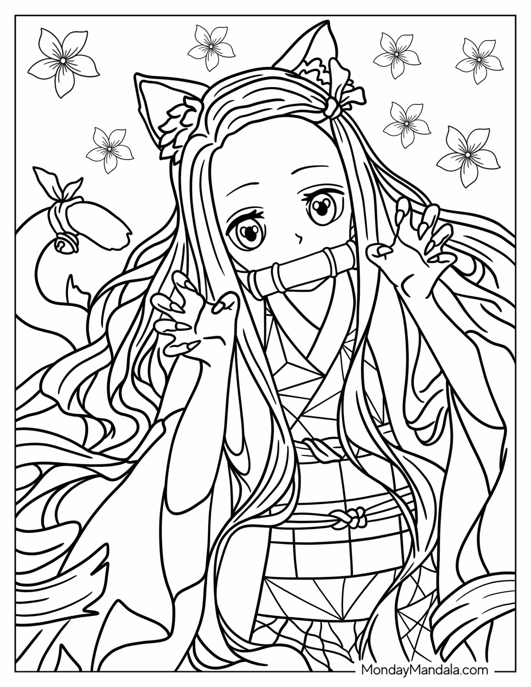 Cute Nezuko Coloring Page With Cat Ears And Tail