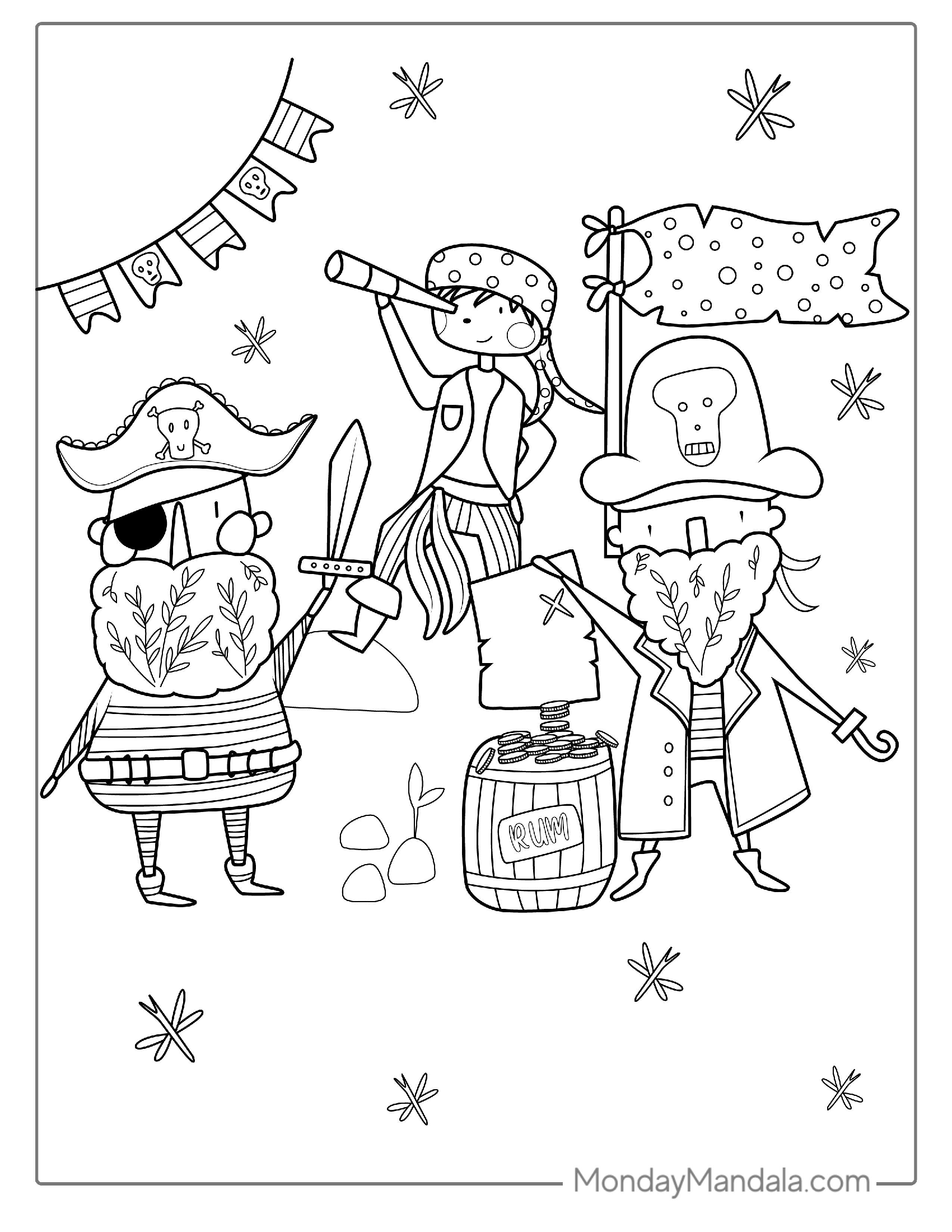 Cute Pirates With Treasure To Color For Preschoolers