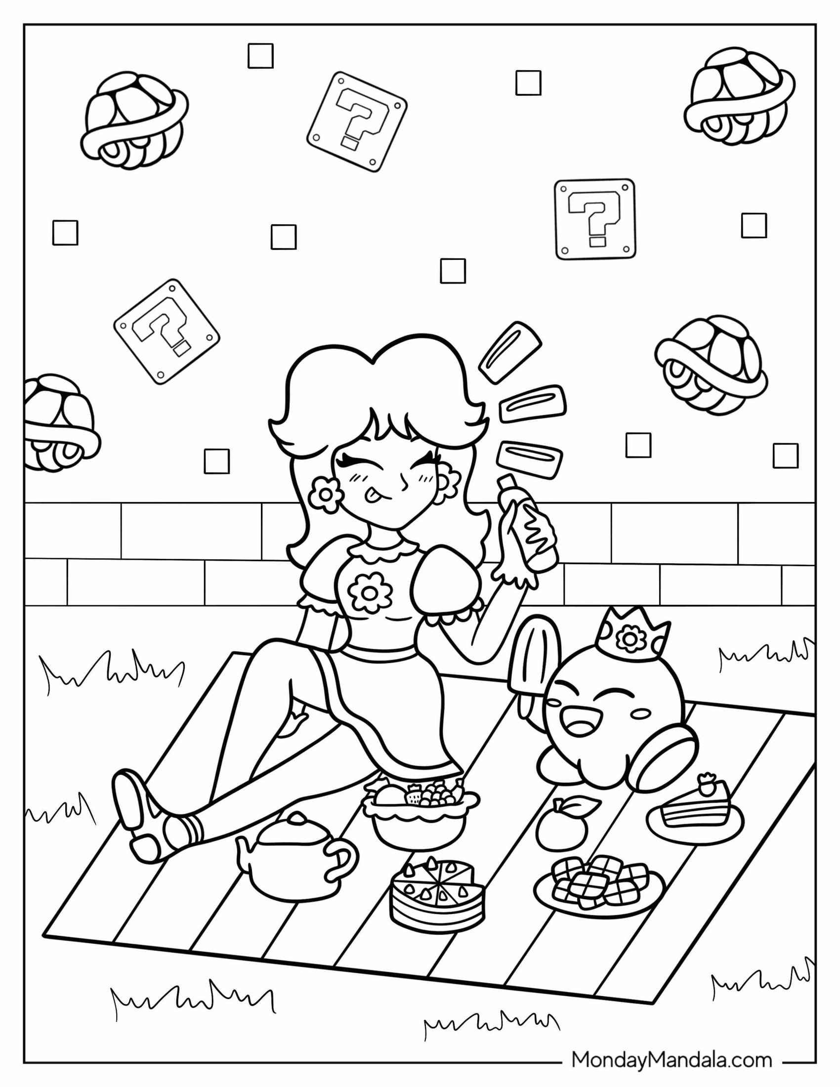 Cute Princess Daisy Coloring Page Having Picnic With Kirby