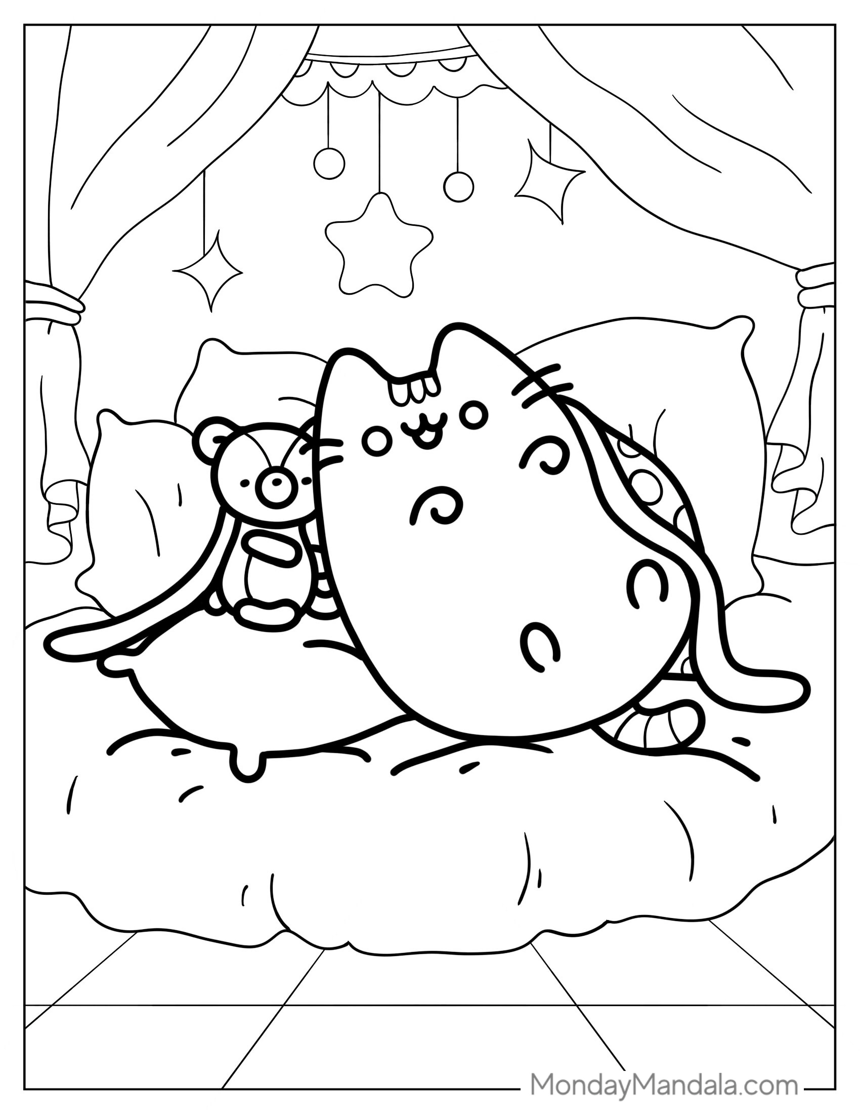 Cute Pusheen With Teddy Coloring Page