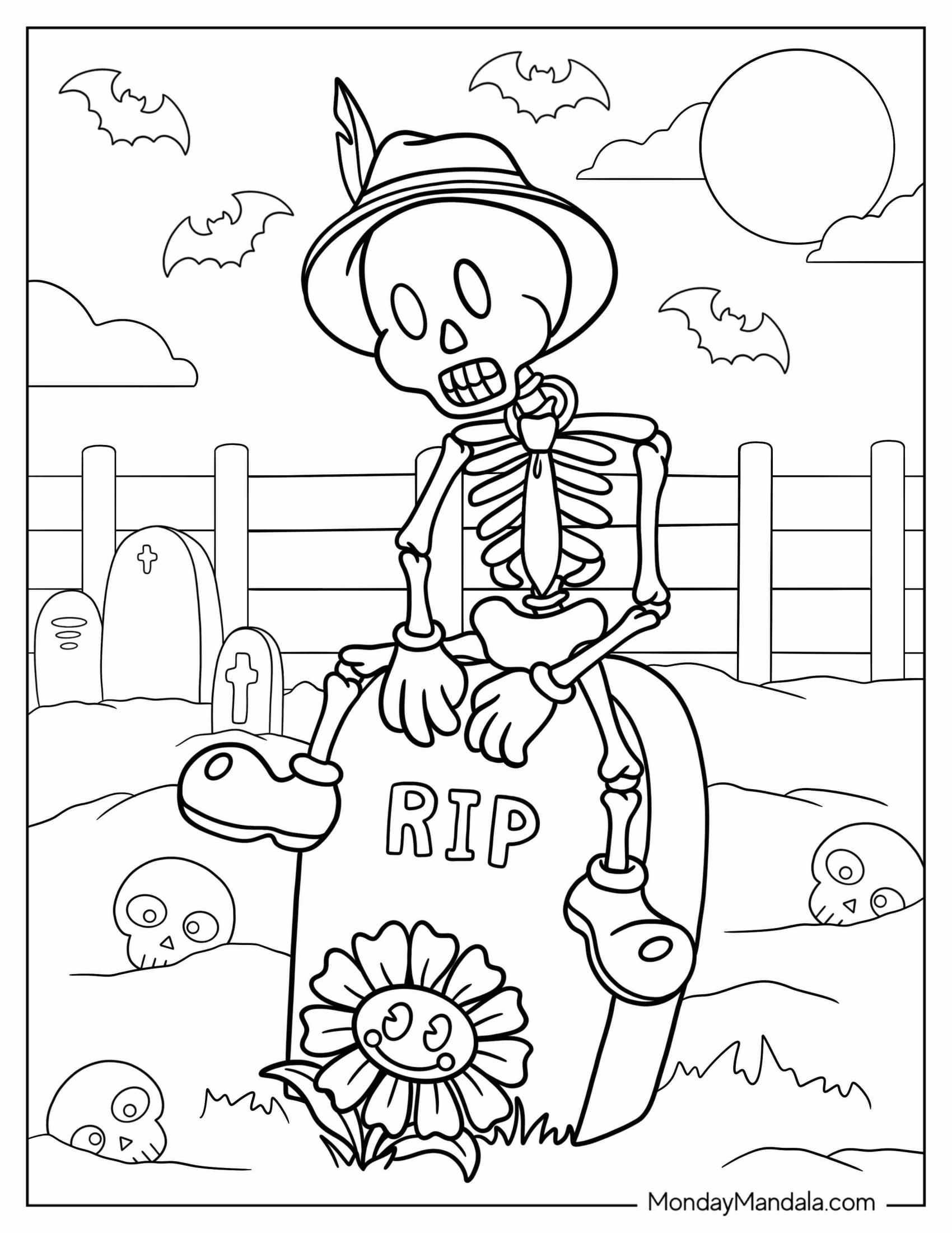 Cute Skeleton Coloring Page In Hat Sitting On Tombstone Halloween