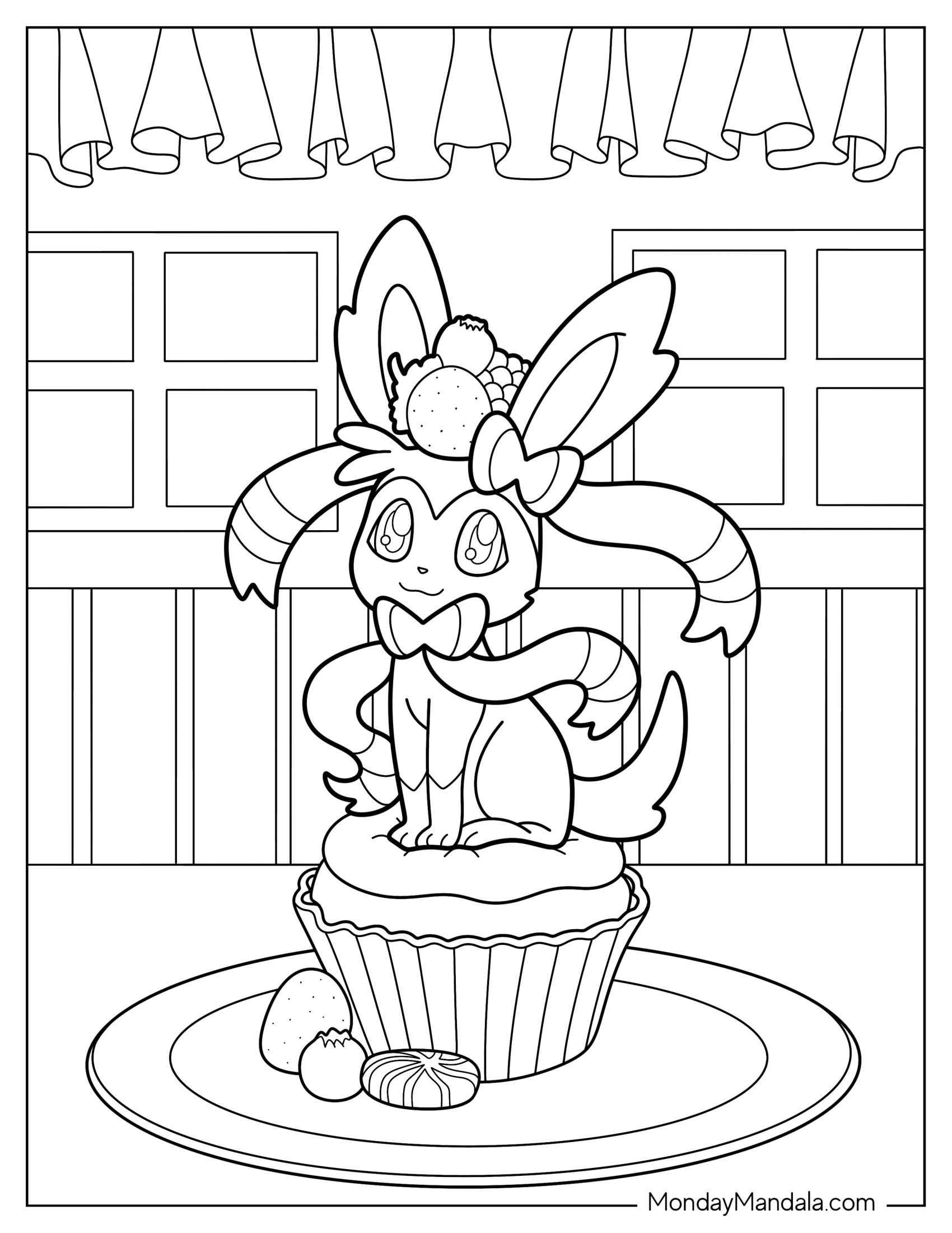 Cute Sylveon Coloring Page Sitting On Top Of Cupcake