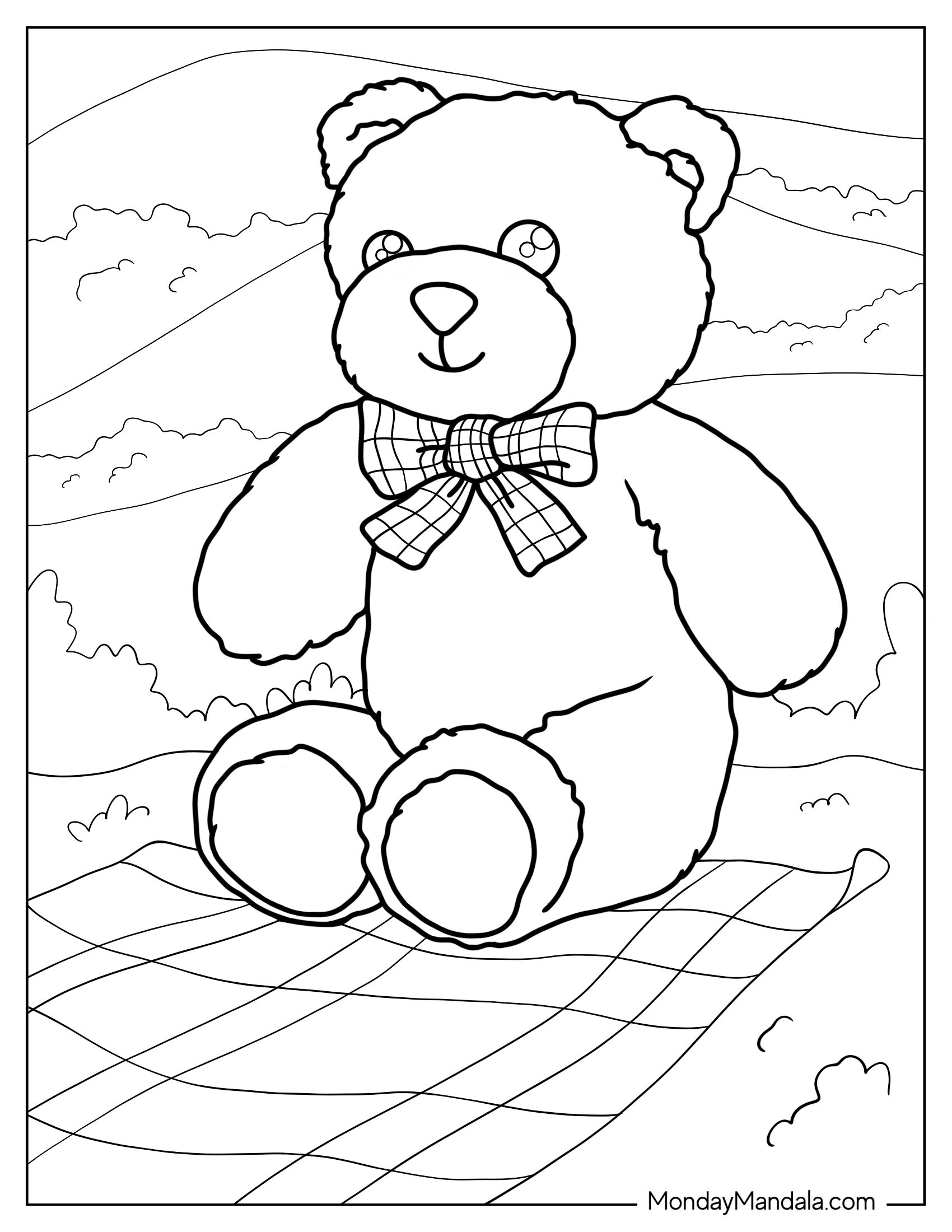 Cute Teddy Bear Having a Picnic Coloring Sheet