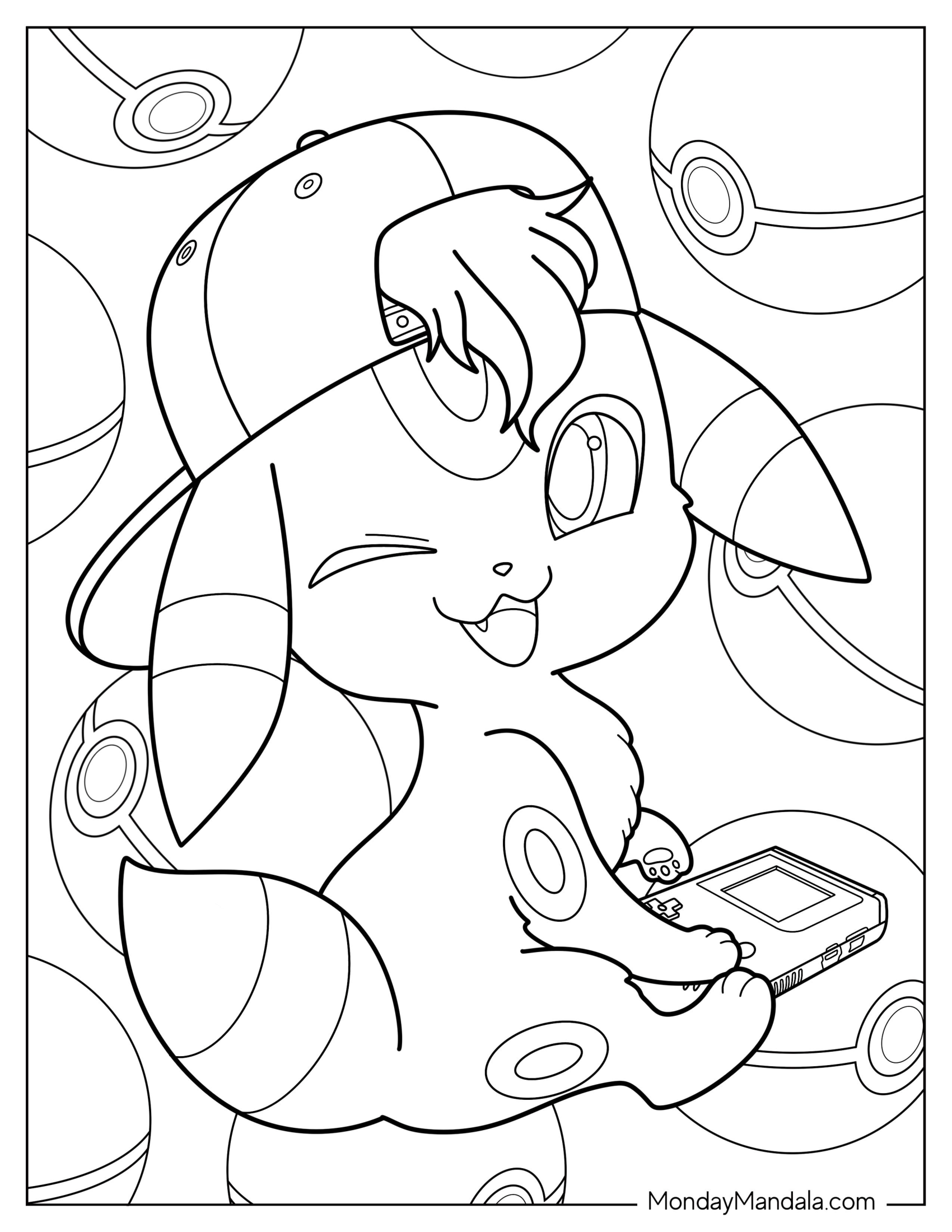 Cute Umbreon Coloring Page Wearing Cap And Playing Game Boy