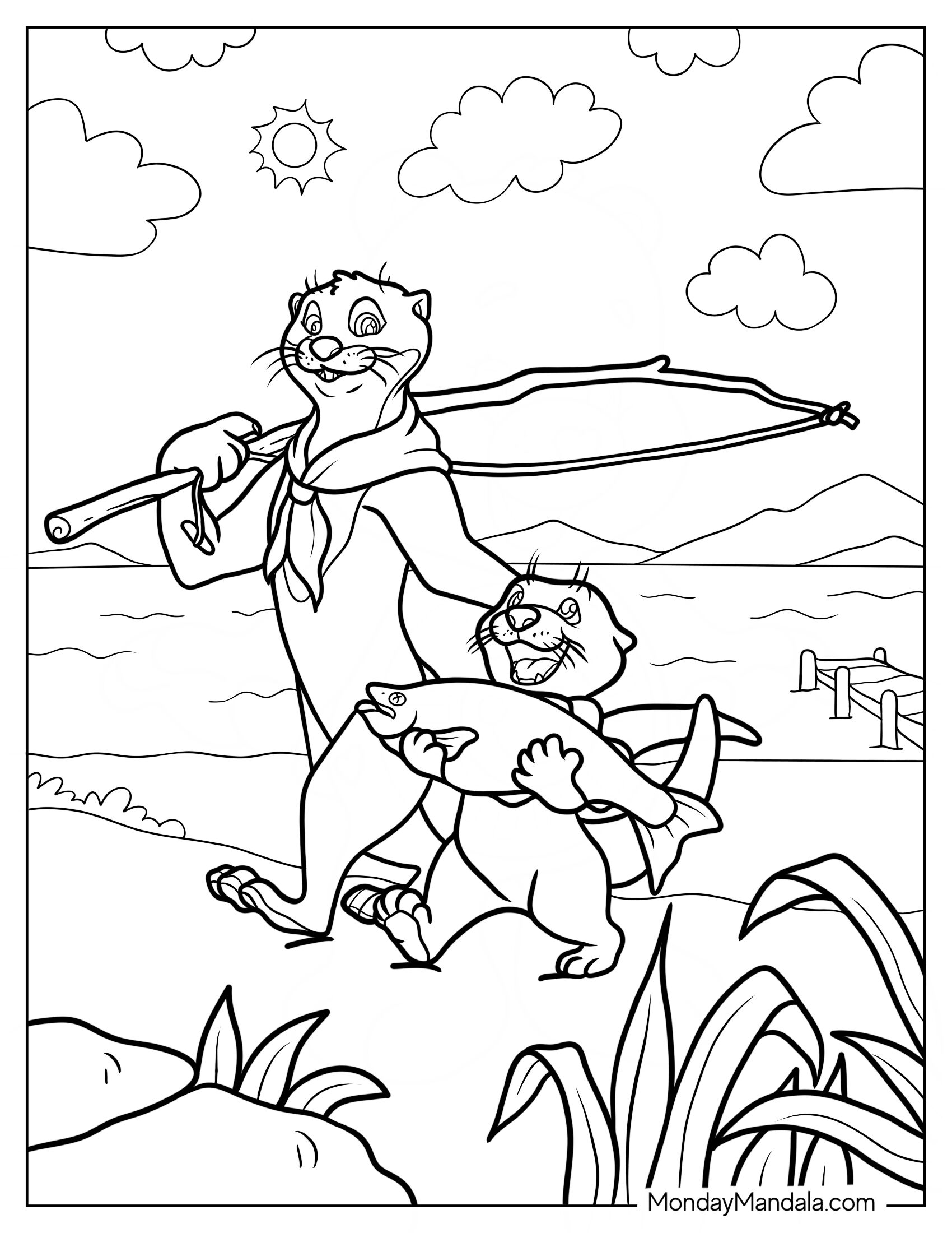 Daddy Otter Coloring Page With Fishing Rod And Baby Otter Carrying Fish