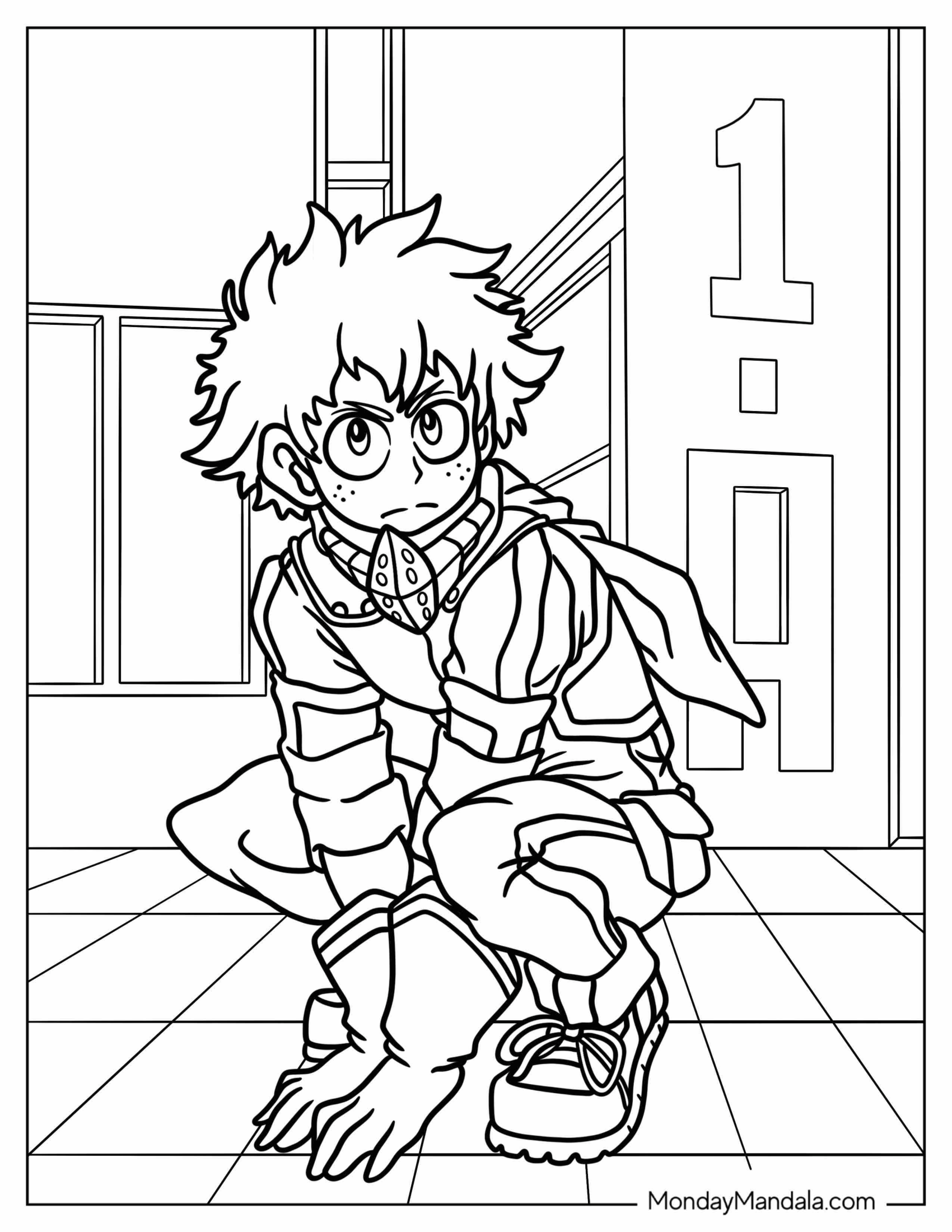 Deku Coloring Page Of Crouched On The Floor