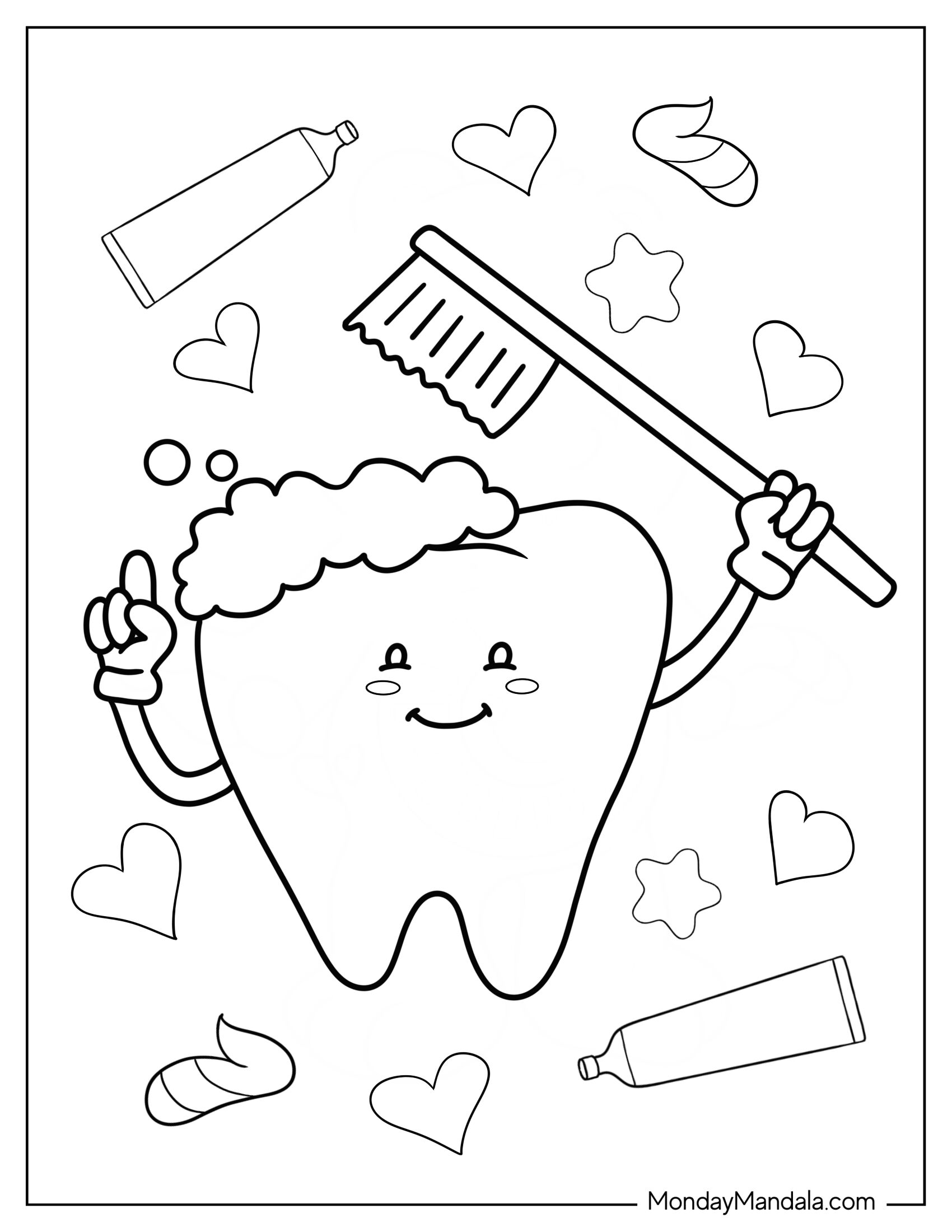 Dentist Coloring Page Of Kawaii Tooth Using Toothbrush