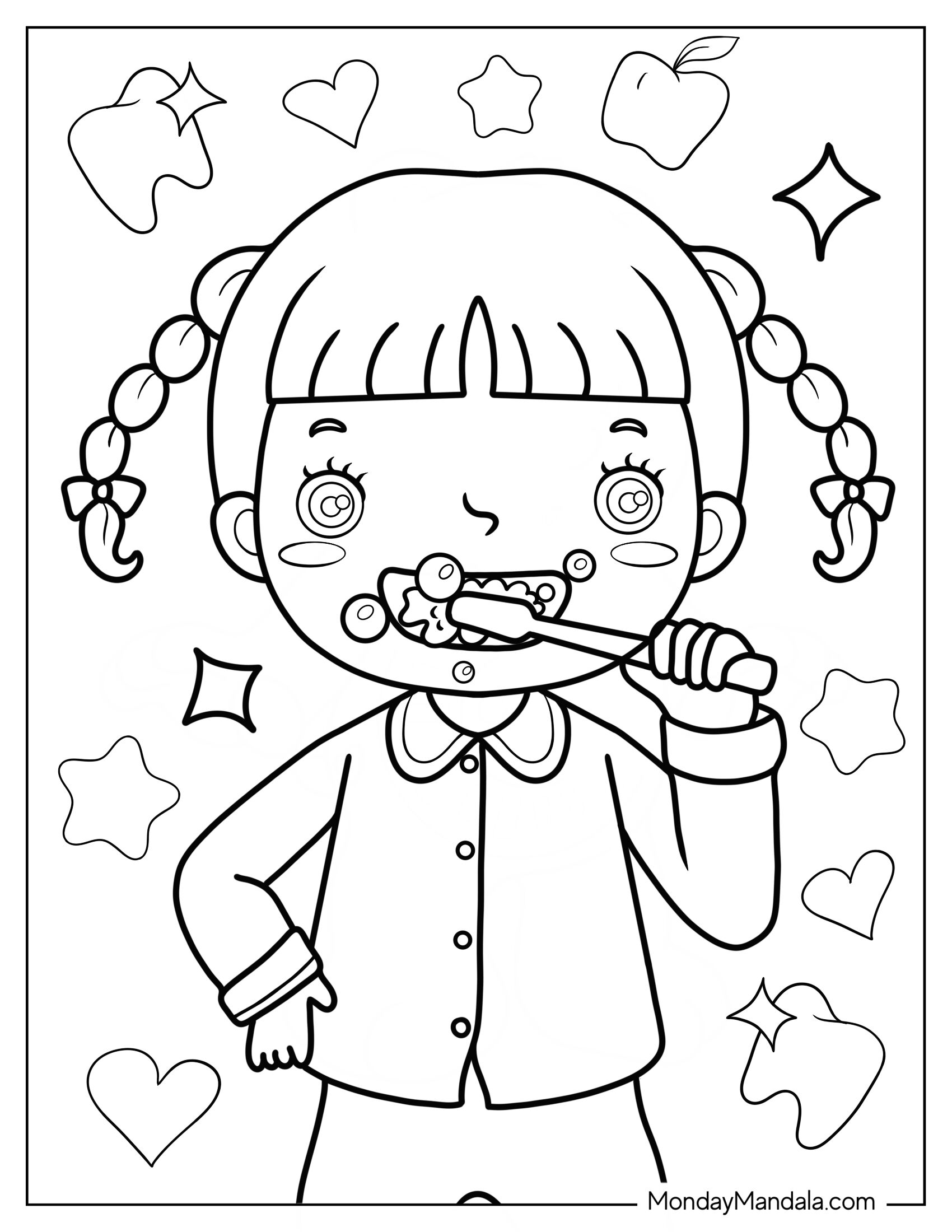 Dentist Coloring Page Of Little Girl Brushing Her Teeth For Kids