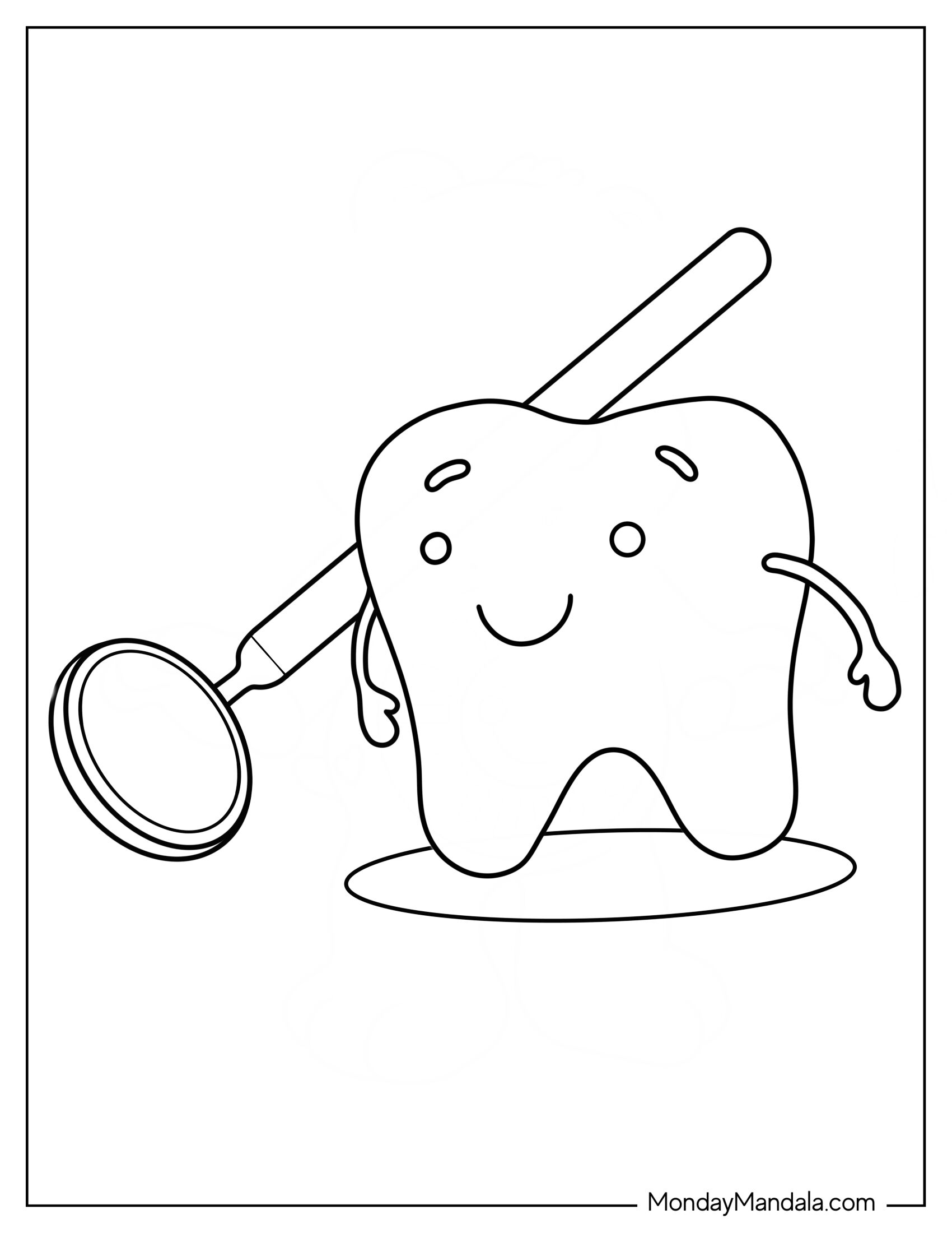 Dentist Coloring Page Of Smiling Tooth Looking At Dental Mirror