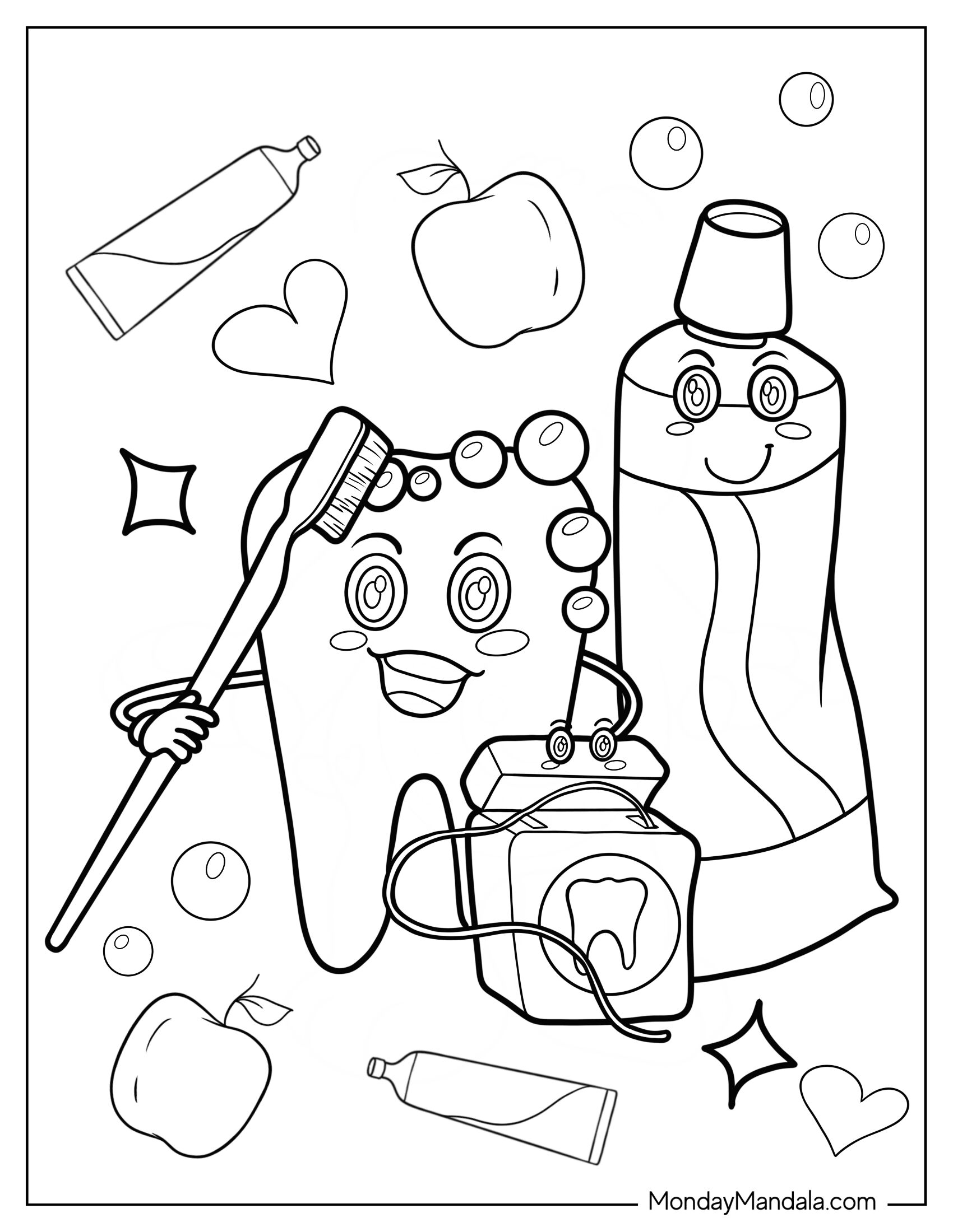 Dentist Coloring Page Of Tooth, Floss, Toothpaste, And Toothbrush