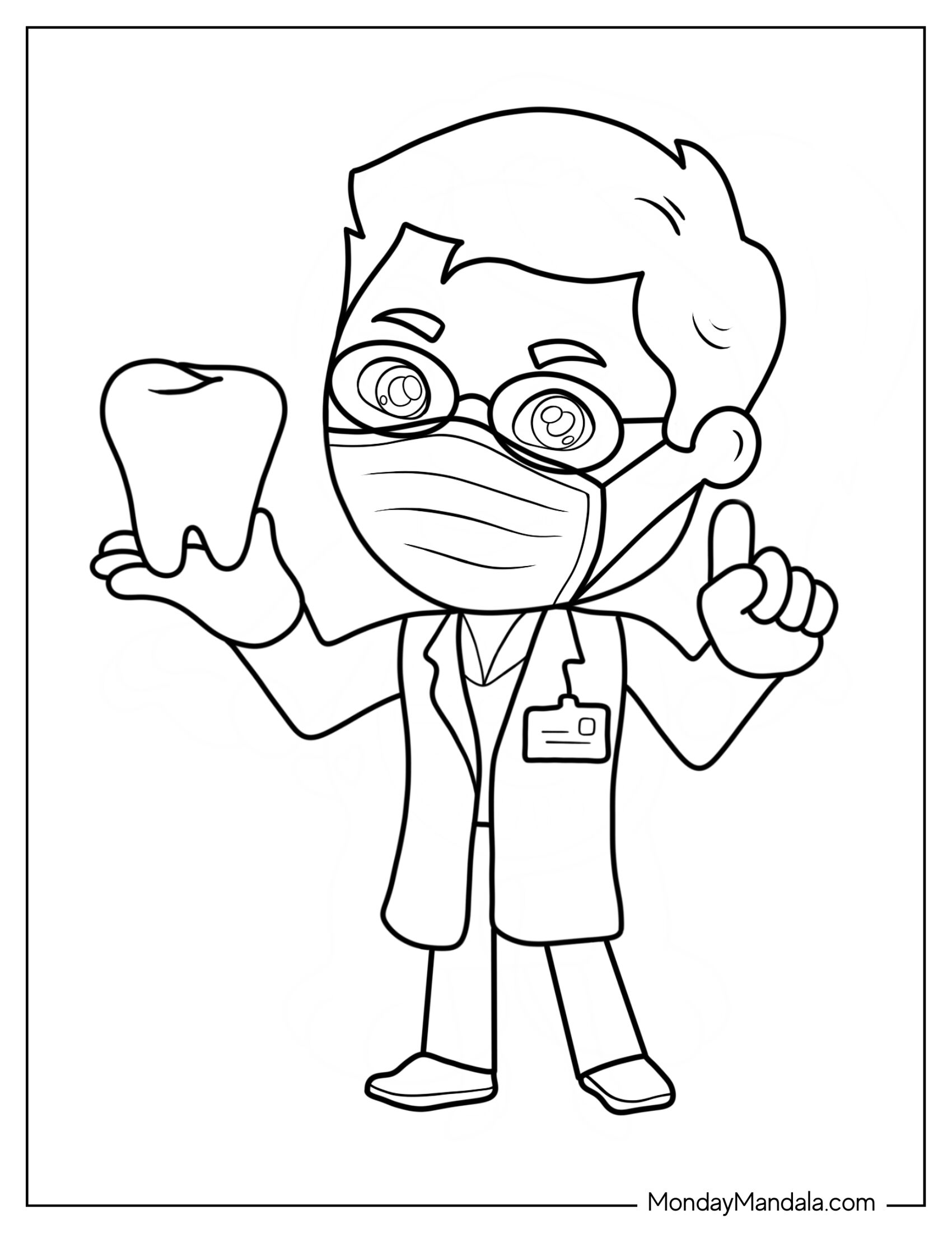 Dentist Coloring Page Wearing Face Mask And Holding Large Tooth