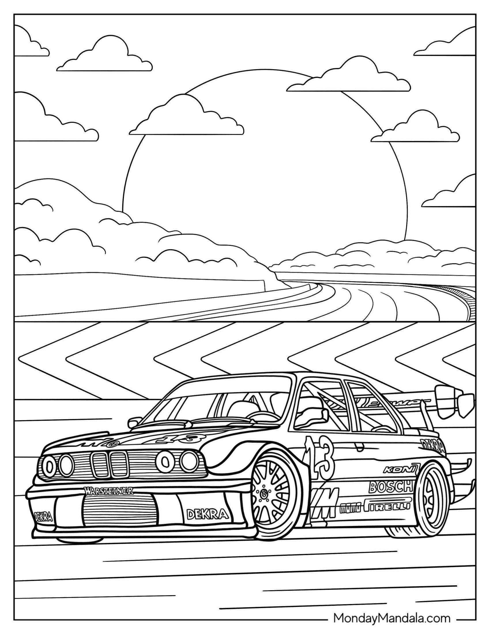 Detailed 3 Series (E30) BMW Coloring Page On Race Track At Sunset