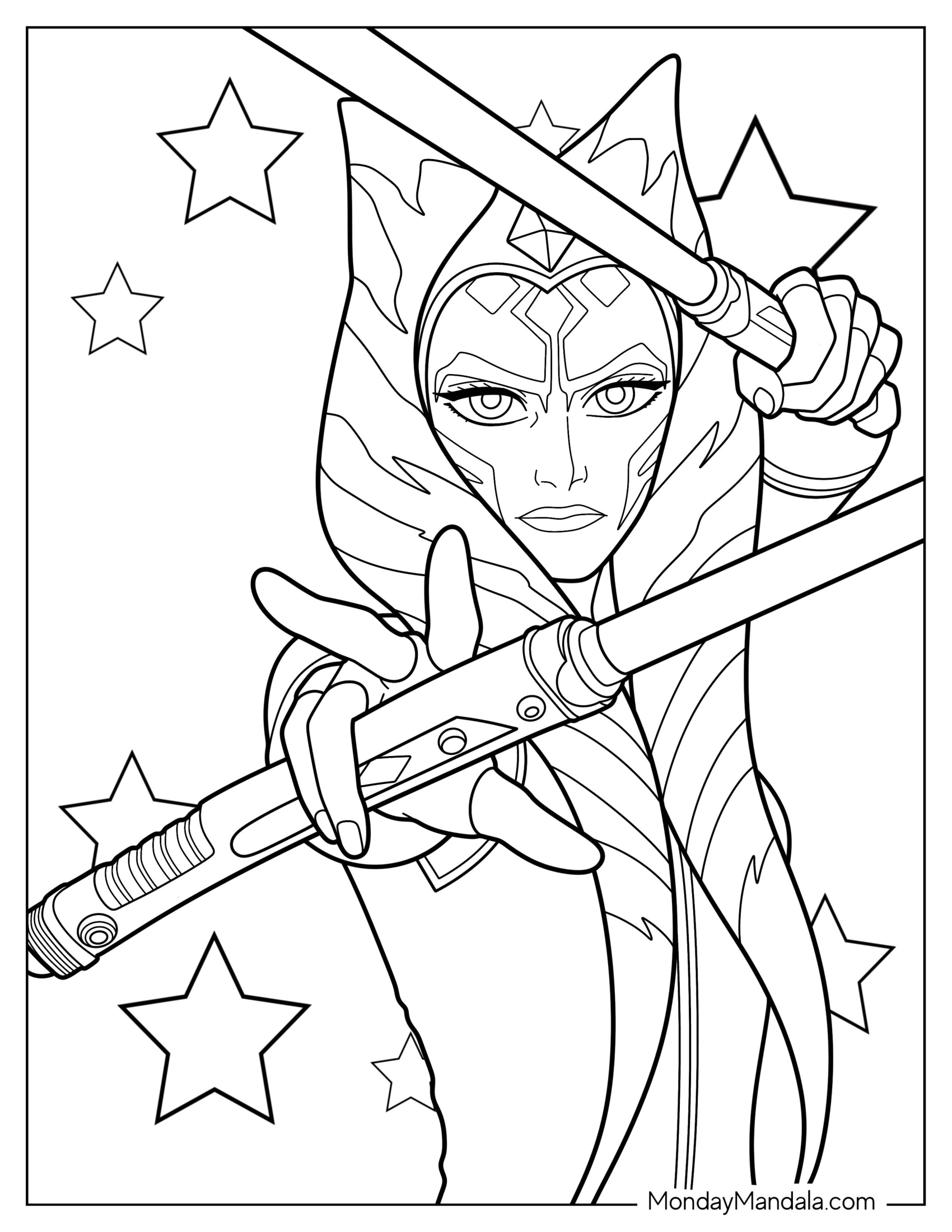 Detailed Ahsoka Coloring Page In Battle Pose