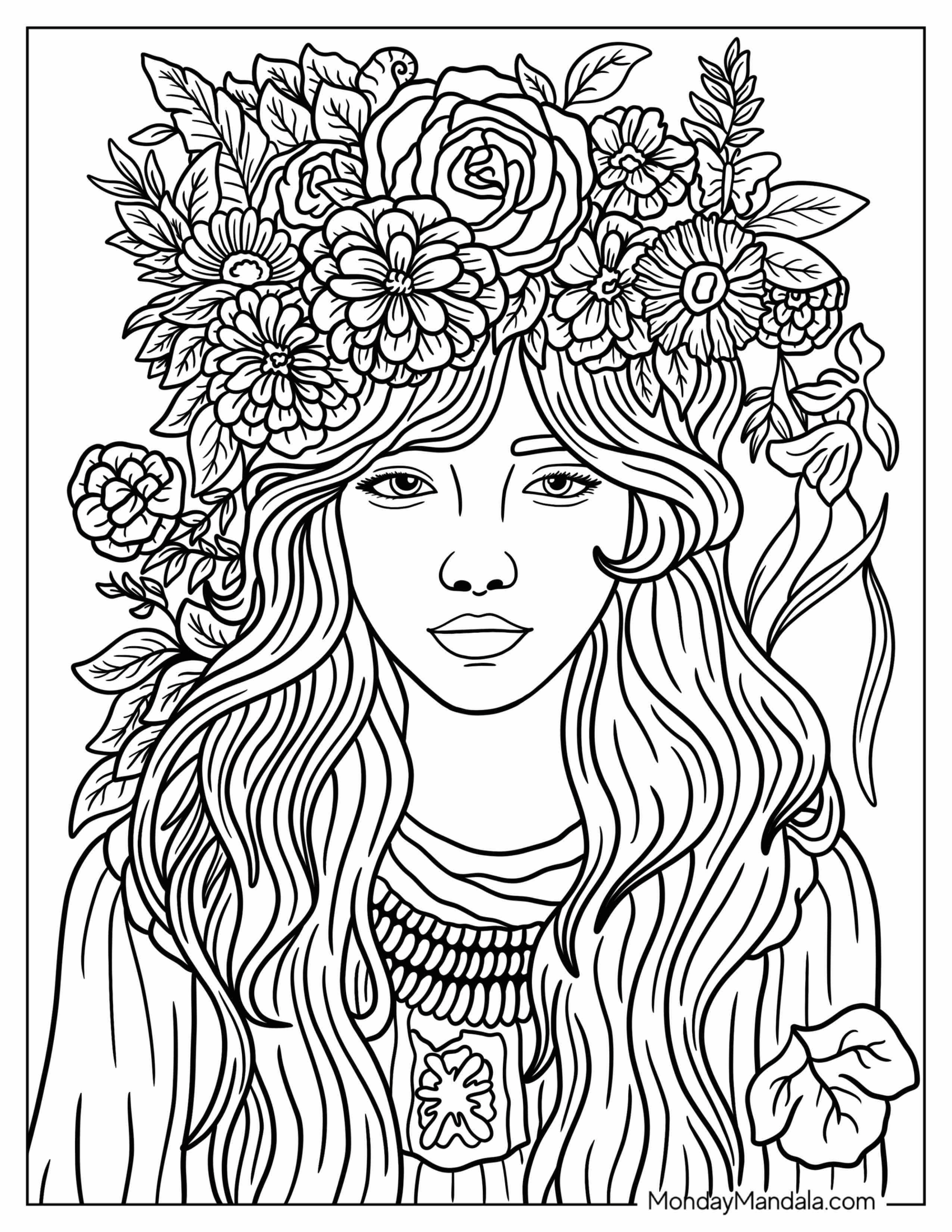 Detailed Boho Coloring Page Of Girl With Flower Crown