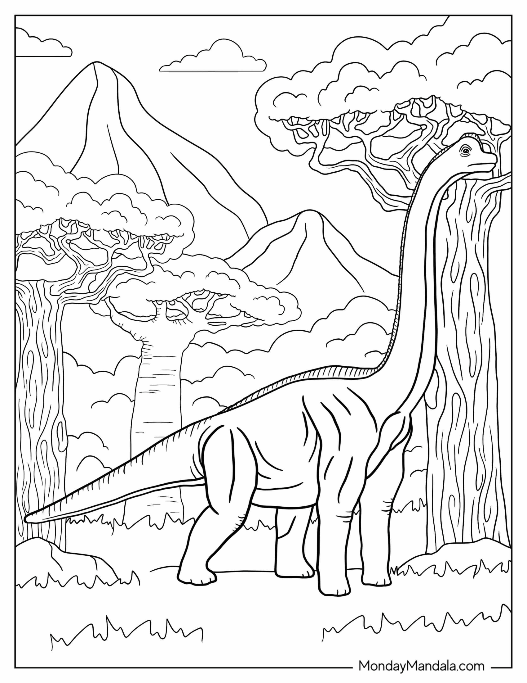 Detailed Coloring Page Of Brachiosaurus In Forest