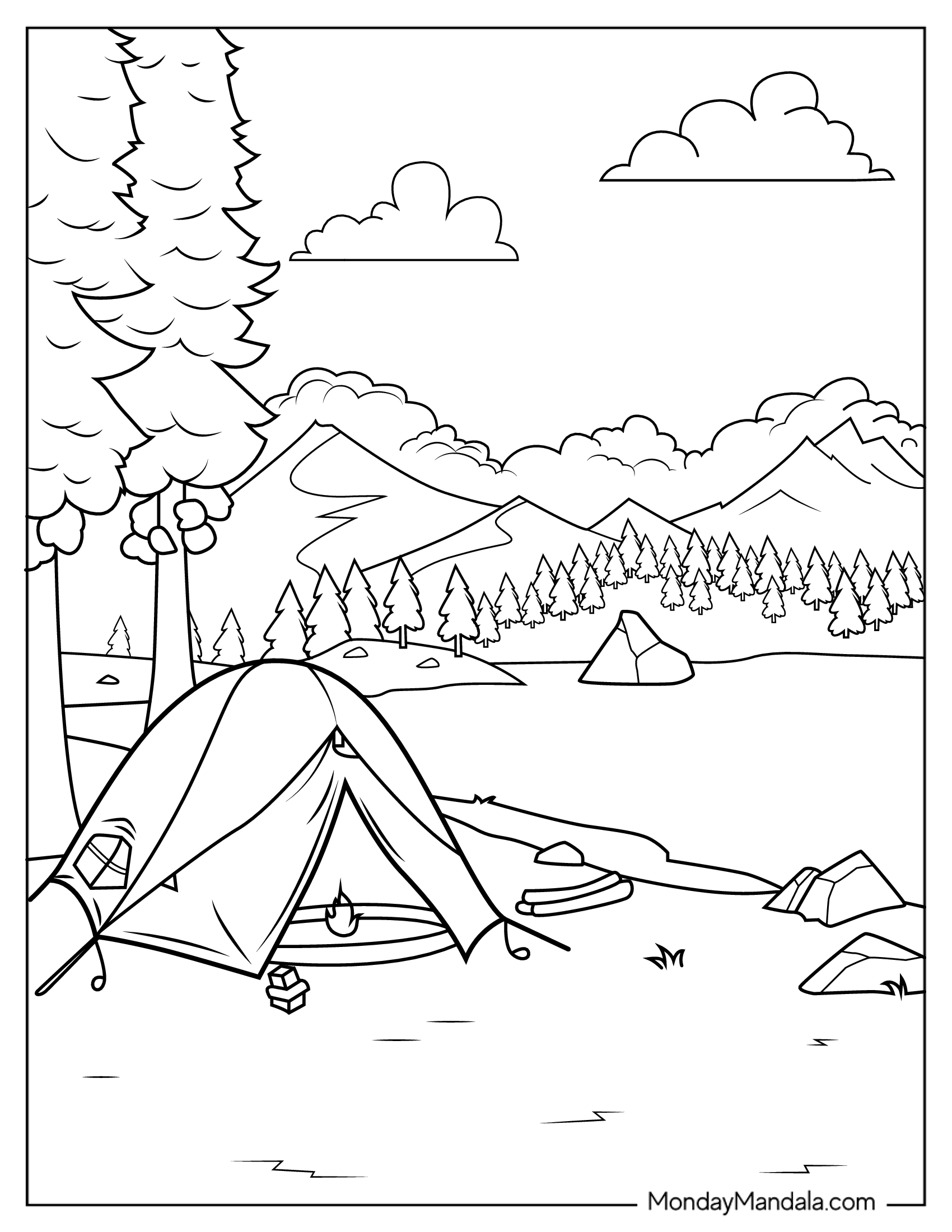 Detailed Coloring Page Of Lakeside Camping Site