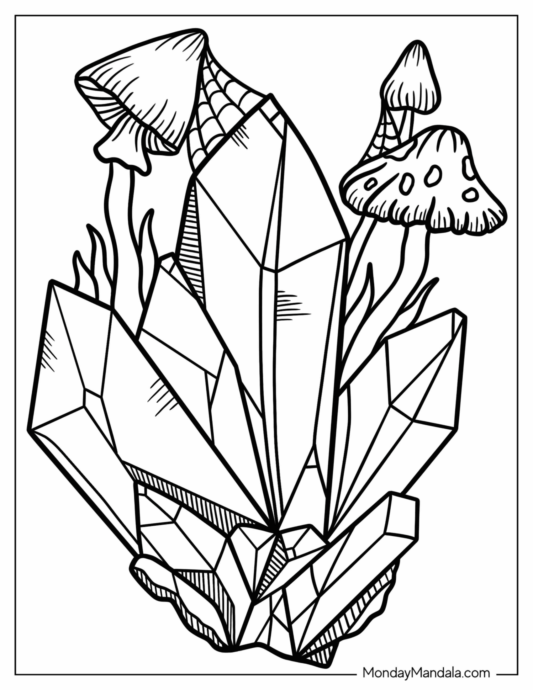 Detailed Crystals Coloring Page With Mushrooms In Background