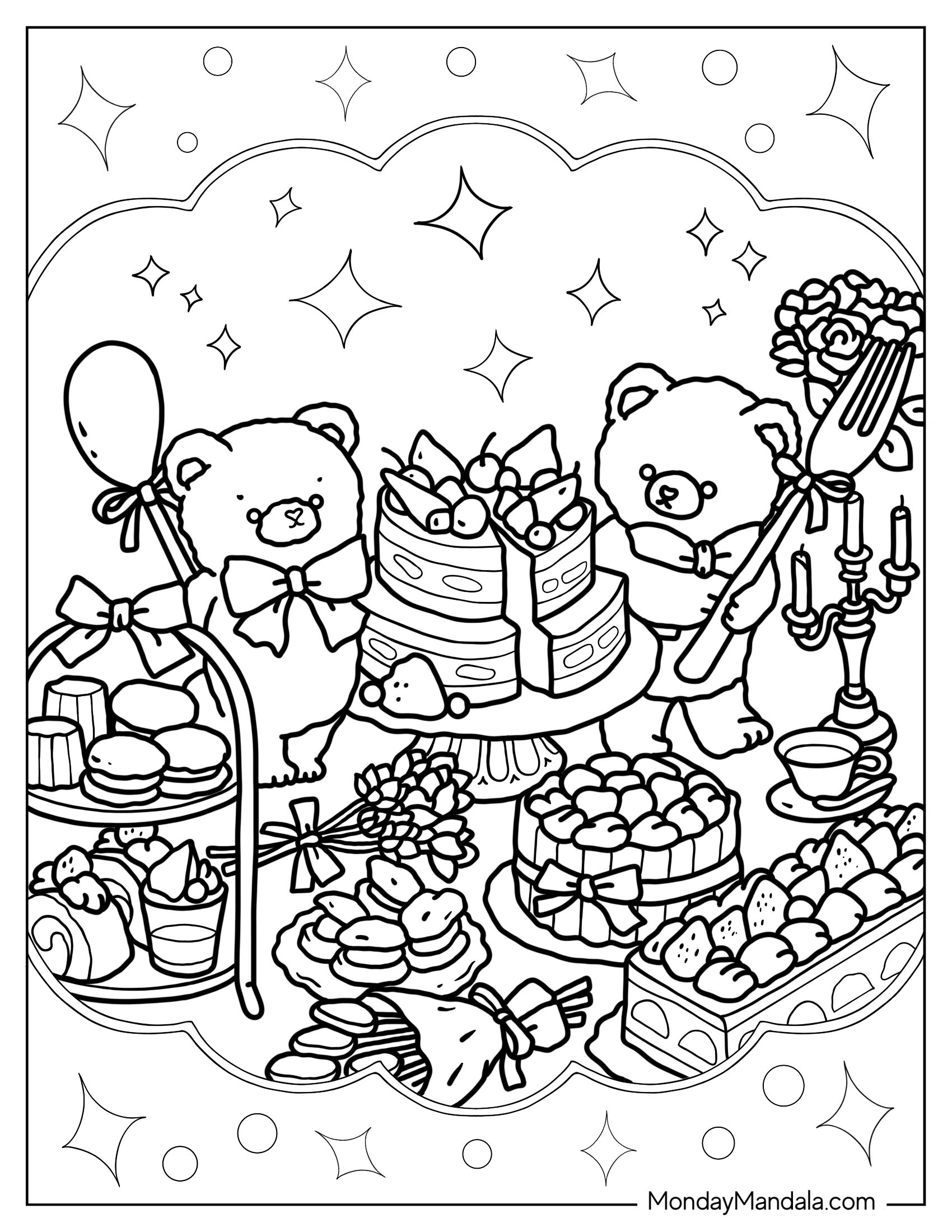 Detailed Kawaii Teddy Bear High Tea To Color