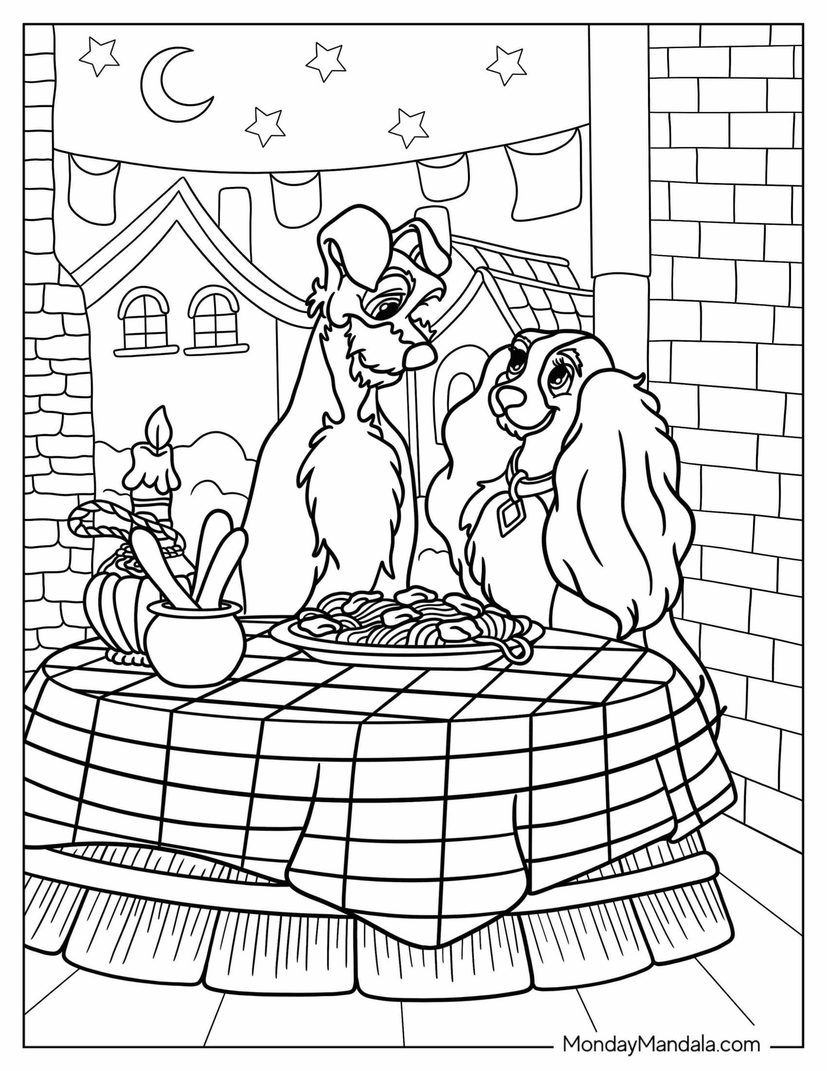 Detailed Lady And The Tramp Coloring Page Of Dinner Date