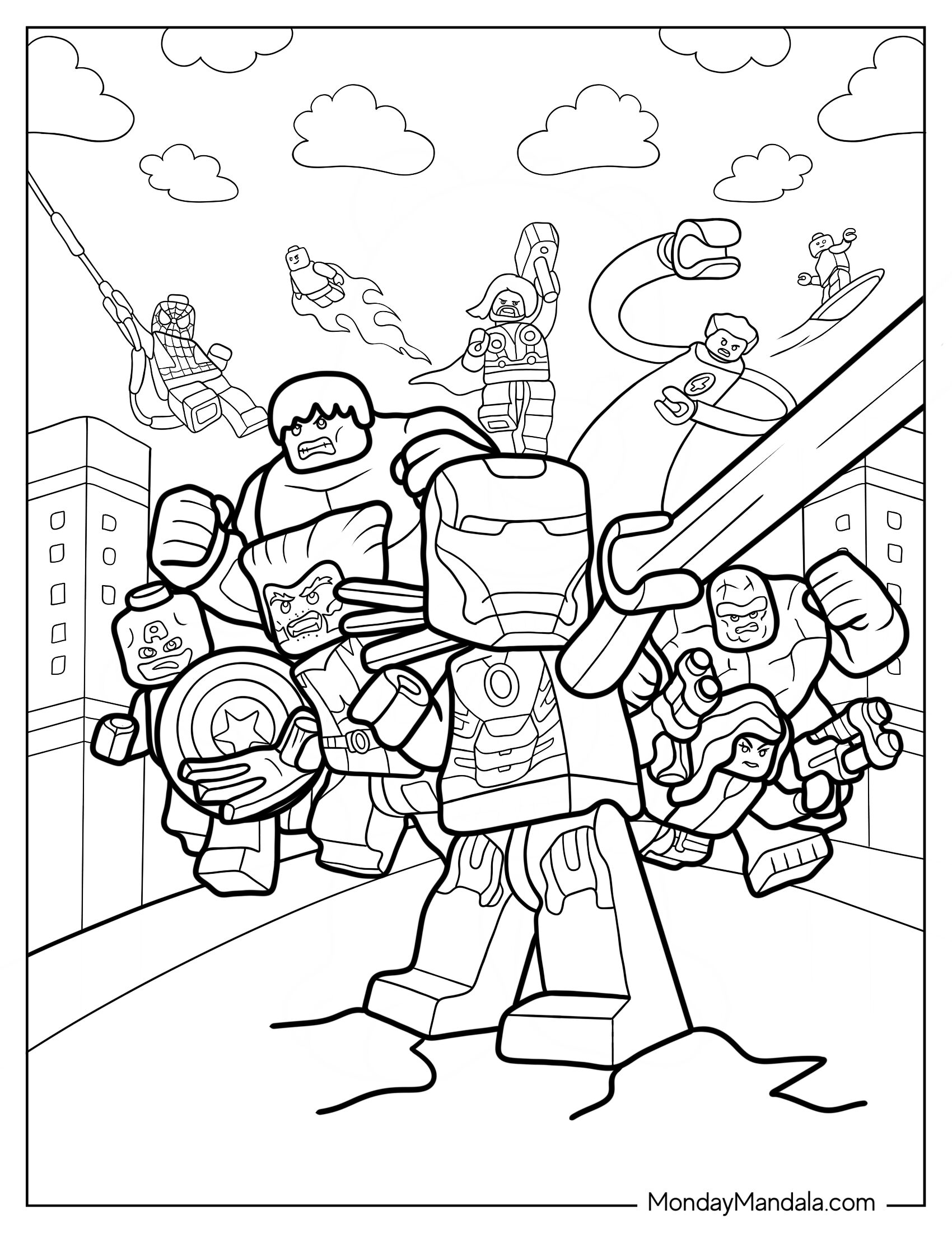 Detailed Lego Avengers Coloring Page Of Fighting Villains In City