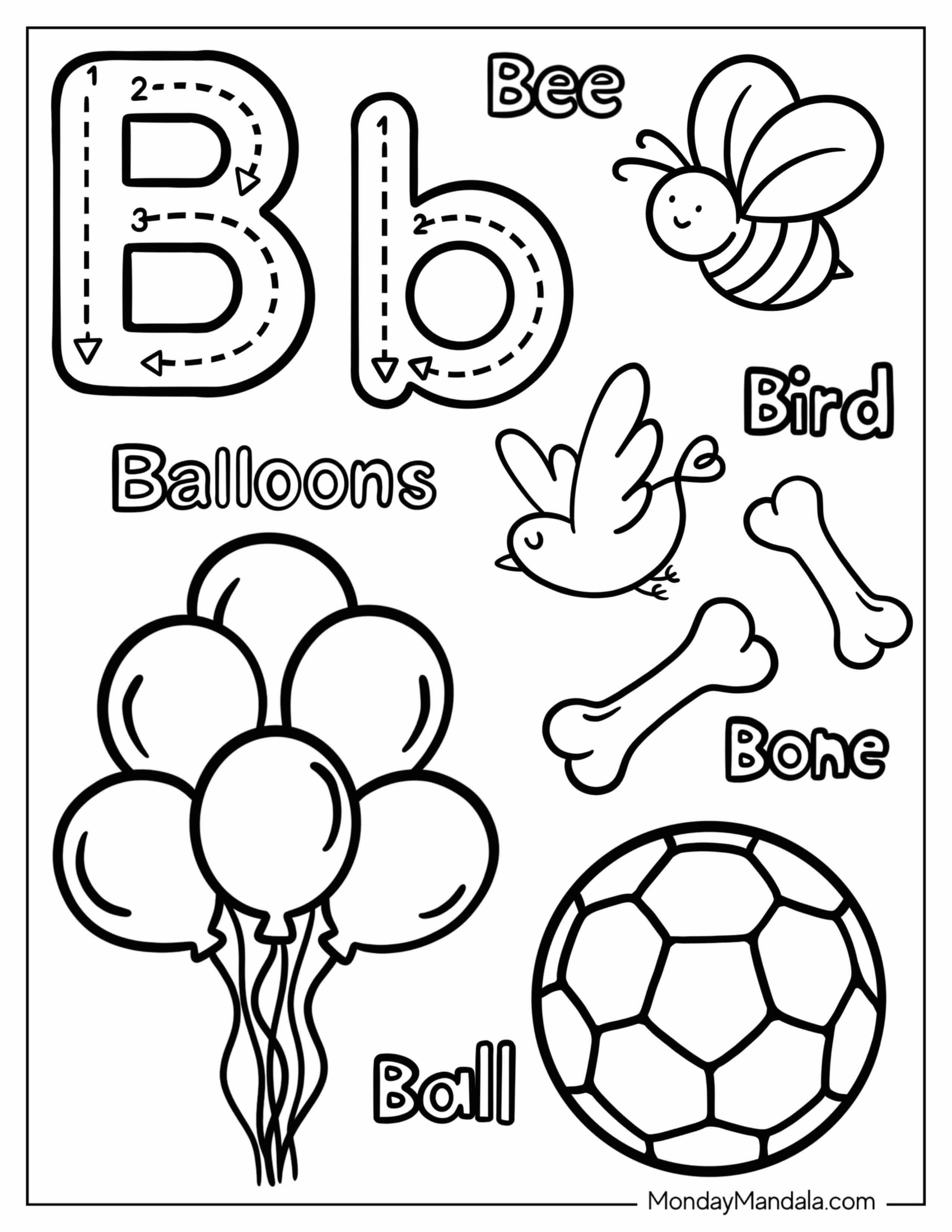 Detailed Letter B Coloring Page With Bone, Balloon, Ball, Bird, And Bee