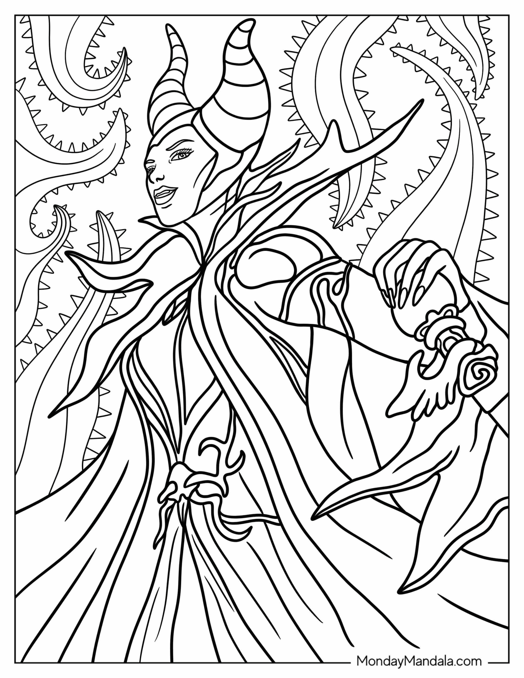 Detailed Maleficent Coloring Page With Thorny Background