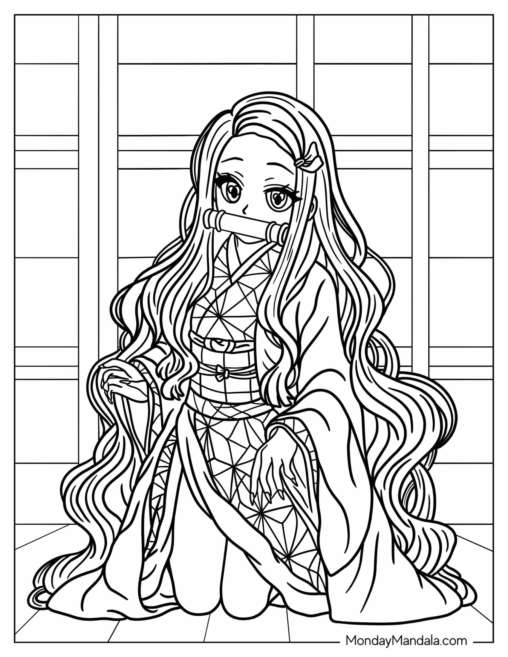 Detailed Nezuko Coloring Page With Bamboo