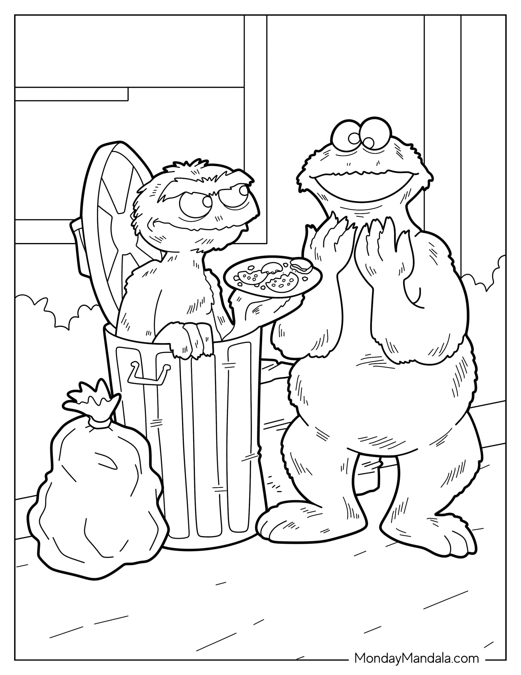 Detailed Oscar The Grouch And Cookie Monster Coloring Page