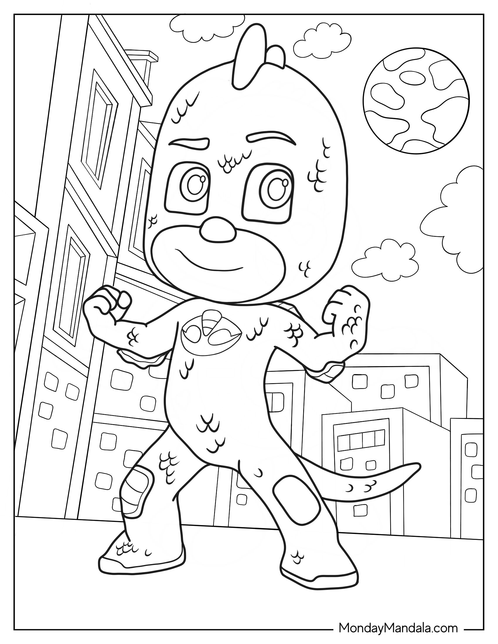 Detailed PJ Masks Coloring Page Of Gekko In City