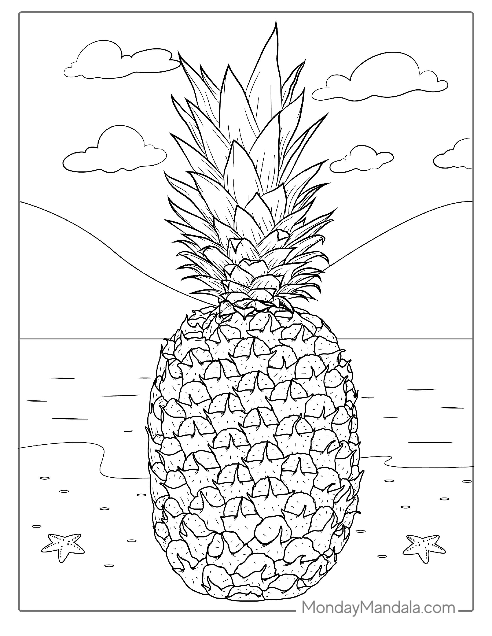 Detailed Pineapple On Beach Coloring Page